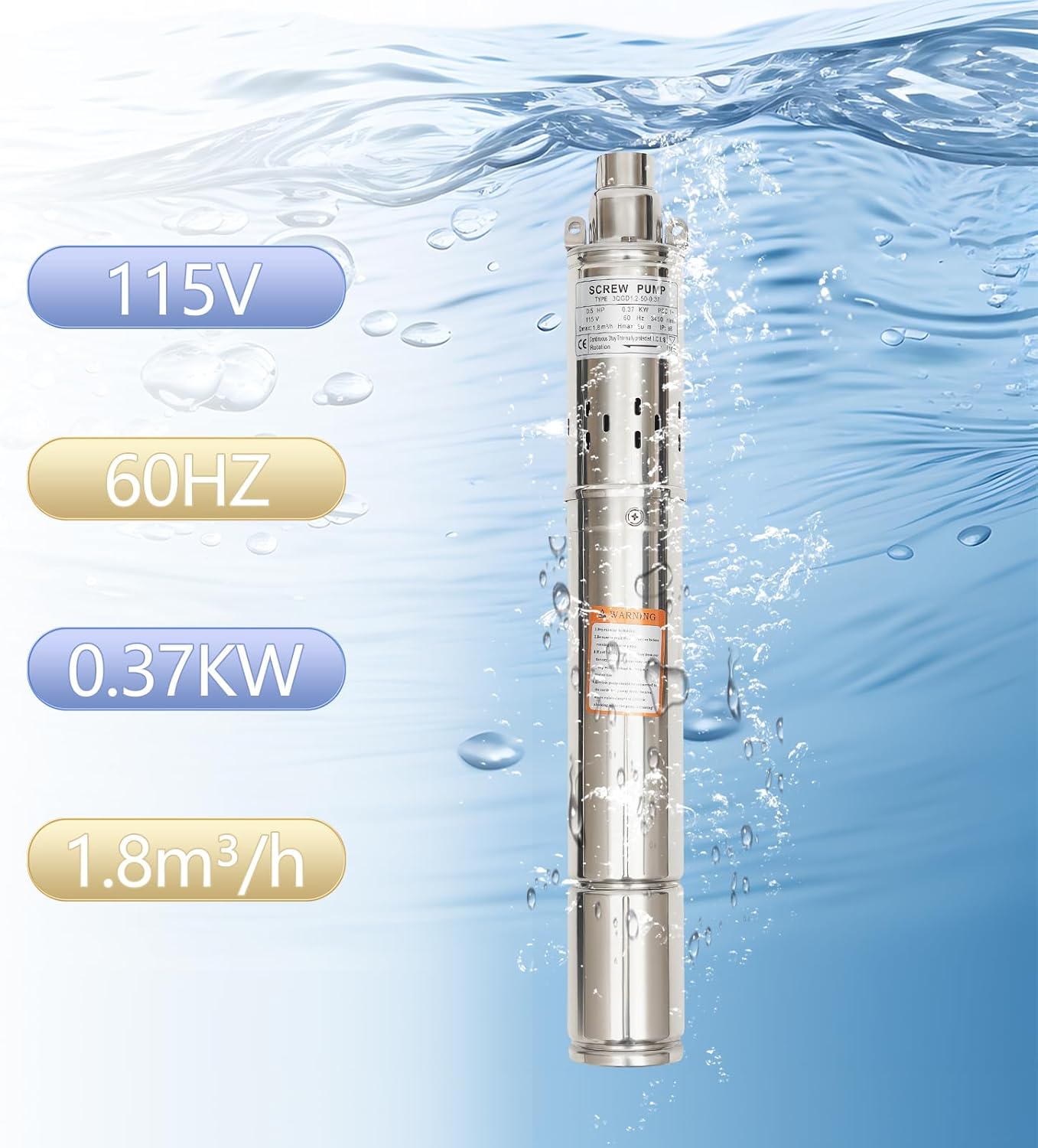 Deep Well Submersible Pump, 0.5HP 115V, 8GPM, 1'' Outlet, 262ft Max. Lift, Stainless Steel Submersible Well Pump for Deep Wells, Irrigation, Drainage, 49ft Cable