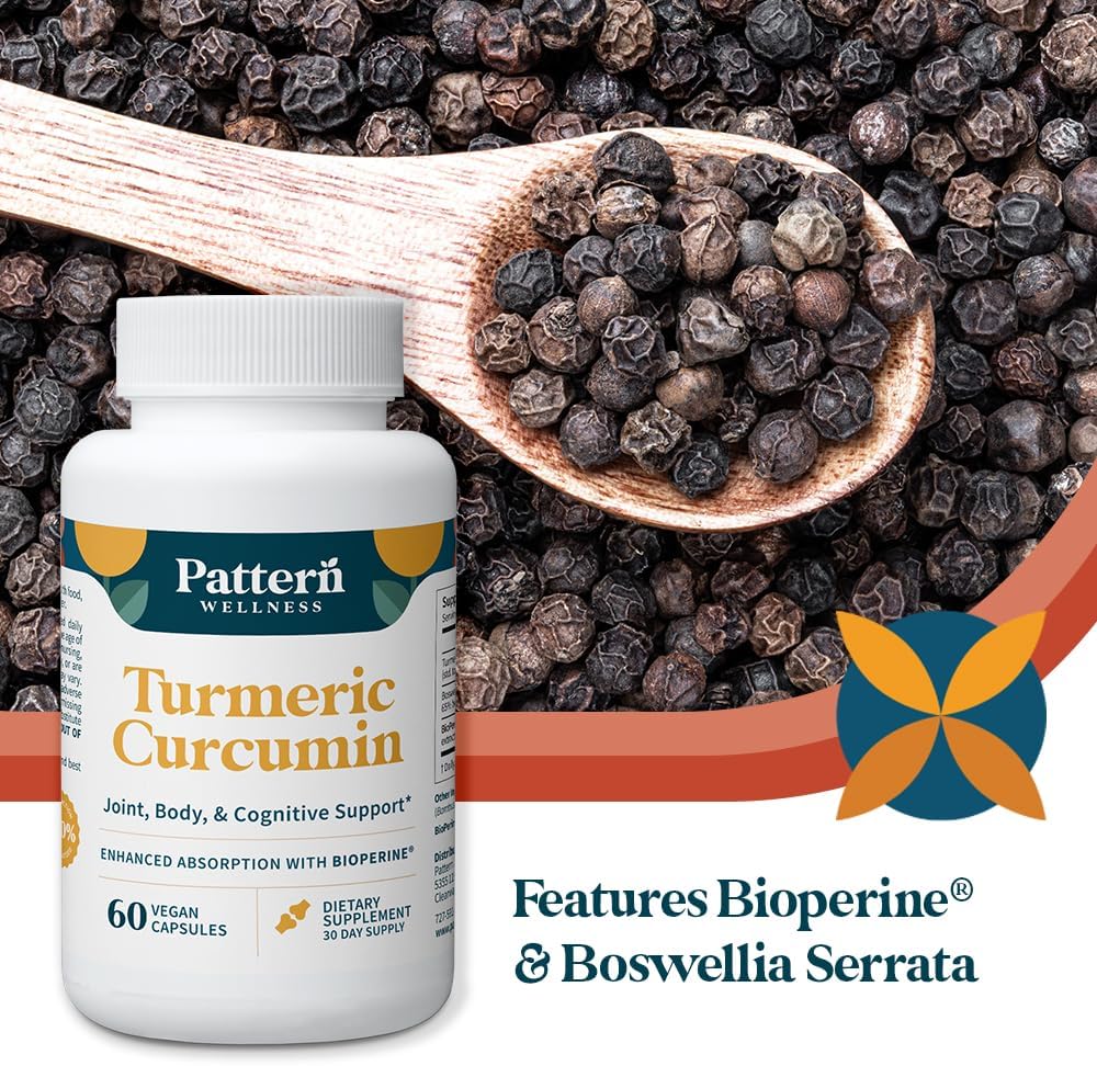 Pattern Wellness Turmeric Curcumin – 95% Curcuminoids with BioPerine® Black Pepper – Supports Joint, Cognitive & Immune Health – Non-GMO, Gluten Free – 60 Capsules