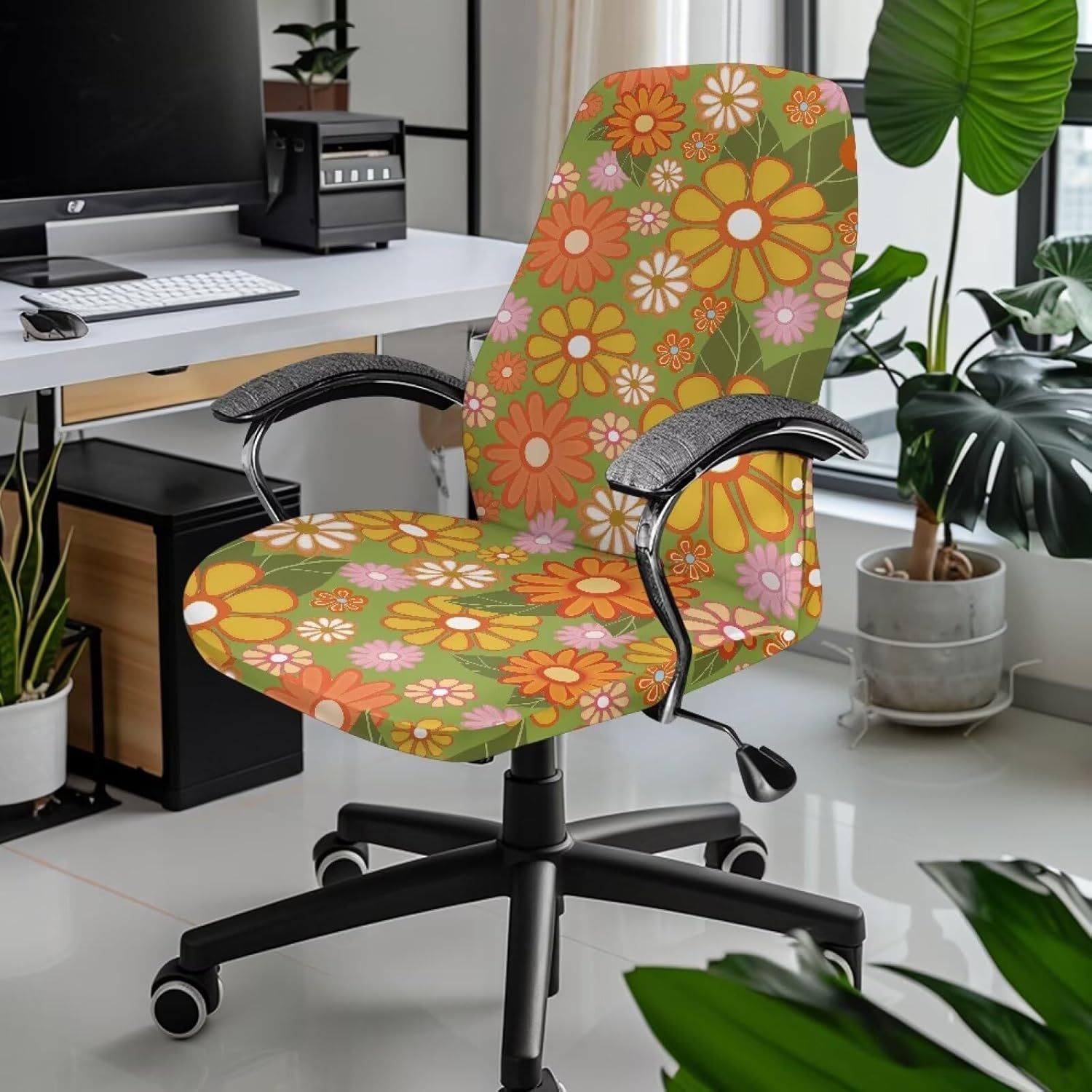 Green Hippie Floral Office Chair Cover Set, Anti Dust Gaming Chair Seat Cover with No Arm Rest Covers, Stretchable Rotating Boss Chairs Slipcover, Home Decor Size S