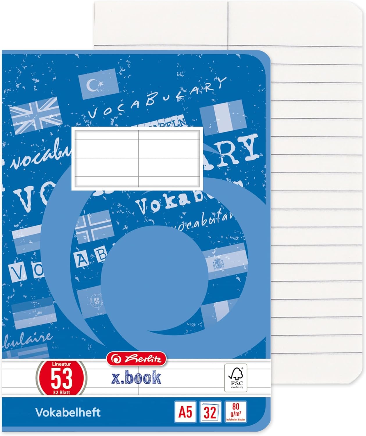 Herlitz Vocabulary Book A6 60 Sheets FSC Mix A5, 32 Sheets, Ruling 53 32 Blatt