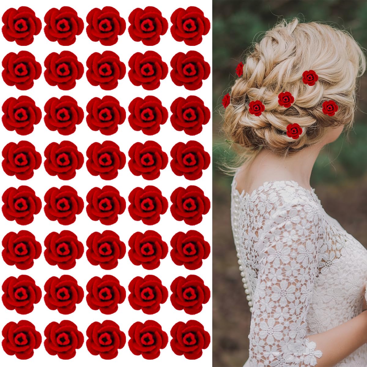 40 Pcs Small Red Rose Flower Hair Clips Mini Cute Floral Hairpins Valentine's Day Christmas Gift Wedding Bridal Summer Hair Accessories for Women