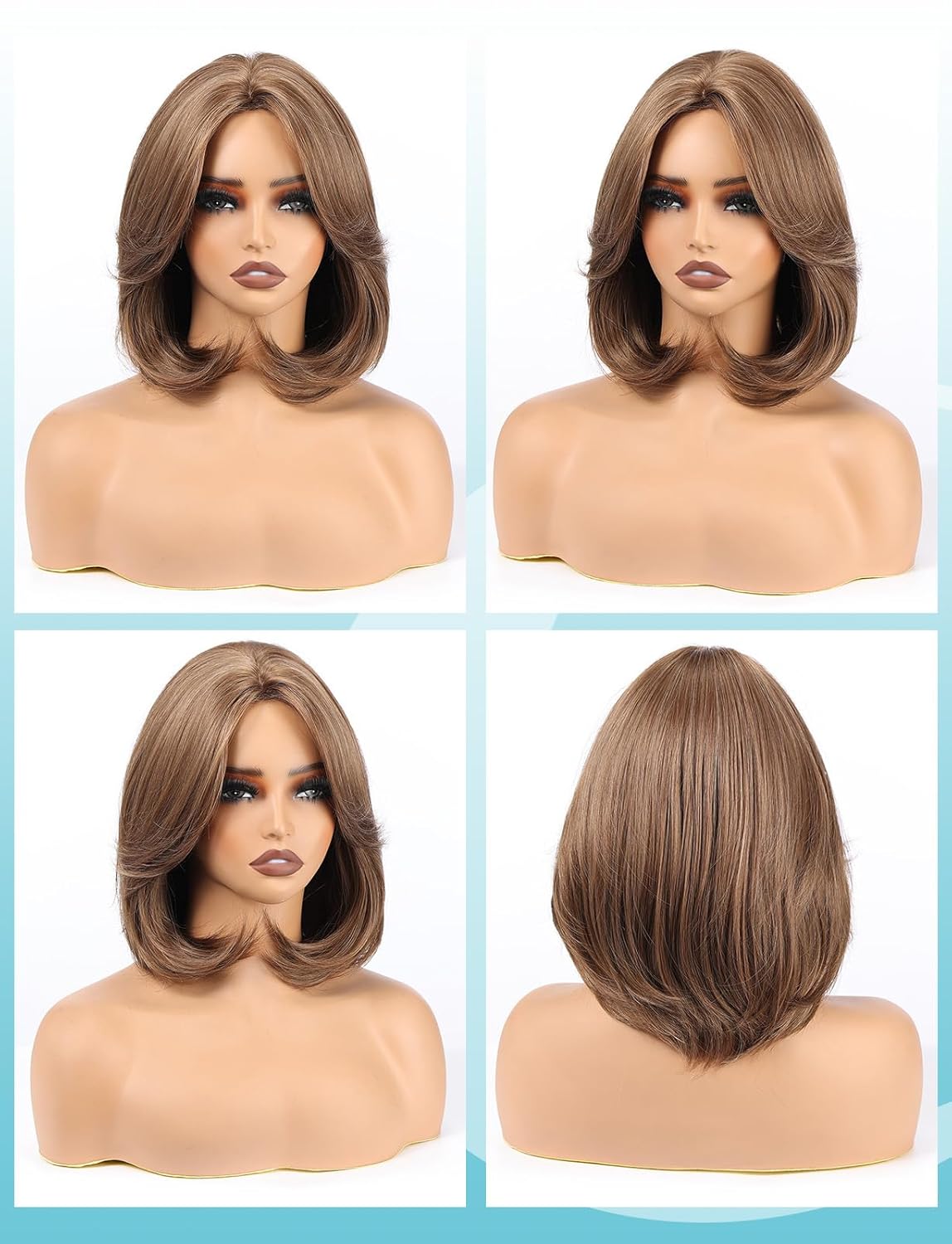 12 Inch Curtain Bangs Layered Bob Fashion Wigs for Women, Synthetic Hair with Heat Resistant Fiber & Breathable Net Cap for Daily Style, Cosplay (Chestnut Brown)