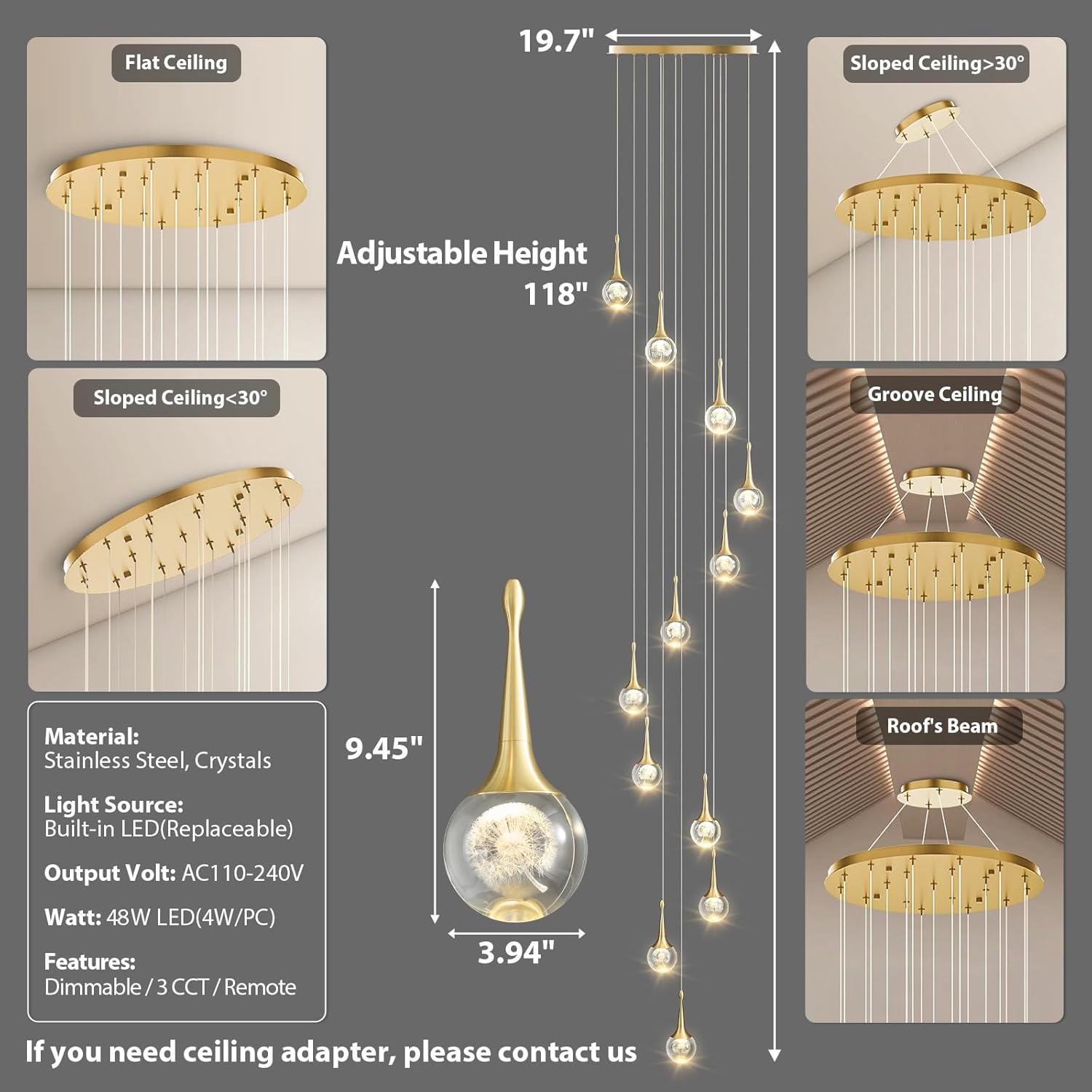 Dandelion Crystal Light Staircase Chandelier: Modern Raindrop Round Dimmable LED Ceiling Hanging Pendant Fixture - Large Long Chandeliers for High Ceilings Living Room Entryway Stairs Foyer 12 Lights