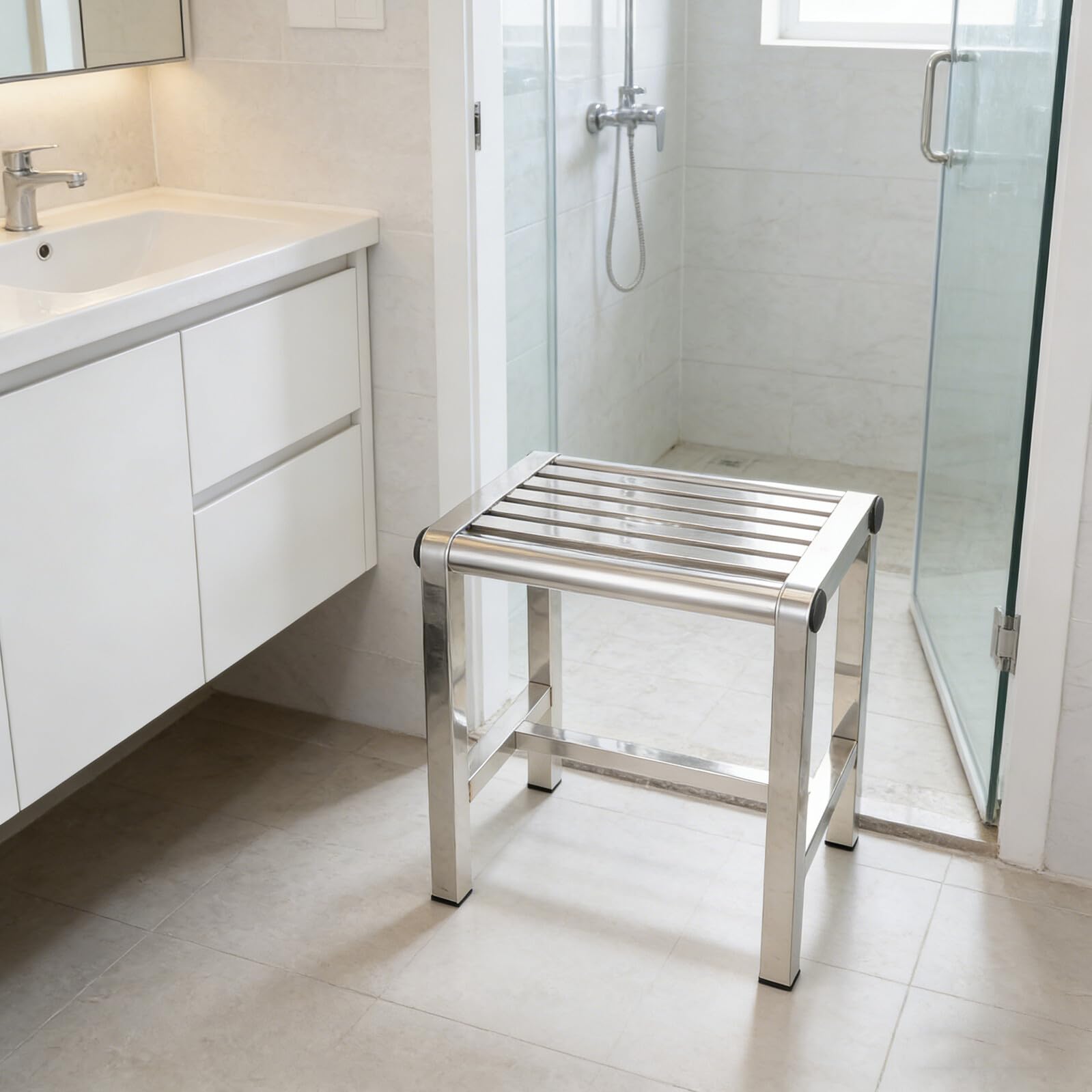 IMIKEYA Sgabello da bagno in acciaio inox e antiscivolo, panca compatta per doccia e cucina, sedile resistente 31 x 20 x 30 cm, adatto per casa, hotel e camera da letto