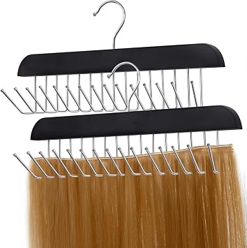SCUNDA Black Hair Extension Holder for Styling, Washing, Drying. Braiding Hair Rack for Weft, Clip in, Tape in and Halo Extensions. 2 Packs Hair Extension Hanger for Closet.