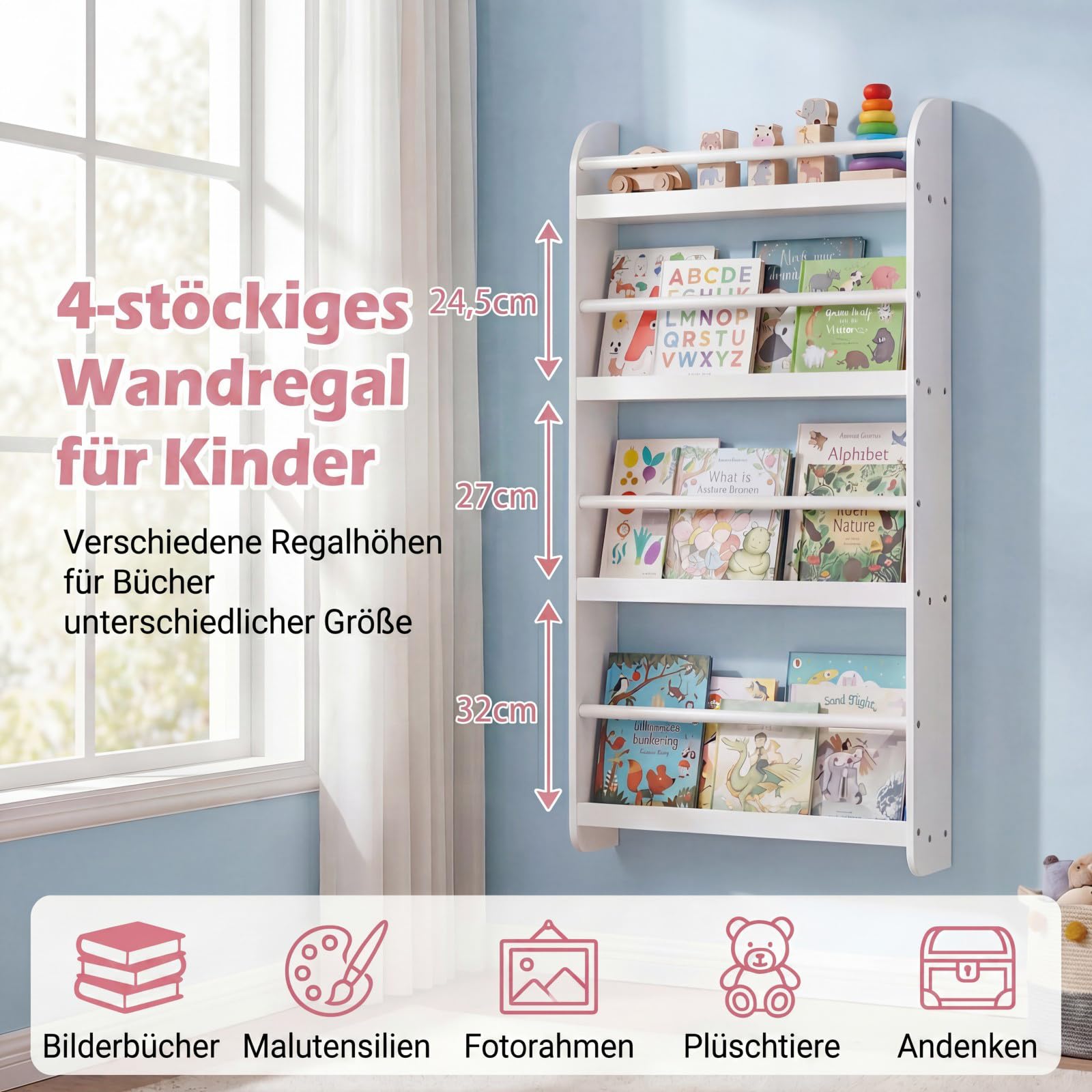 RELAX4LIFE Bücherregal Kinder, Kinderregal Wand mit 4 Fächern, platzsparendes Wandregal, Montessori Spielzeugregal aus Holz, Kinderbücherregal für Kinderzimmer & Spielzimmer, 56 x 12 x 107 cm (Weiß)