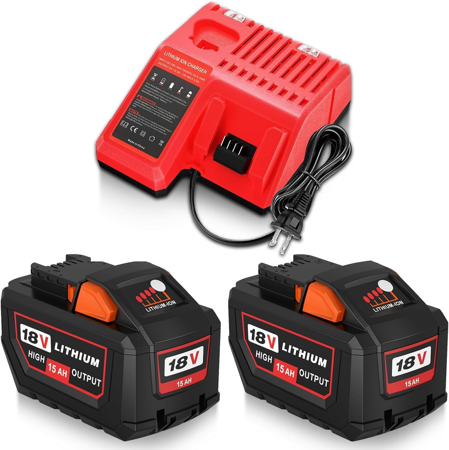15.0Ah Replacement for Milwaukee 18V Battery and Charger (Red-3PC)