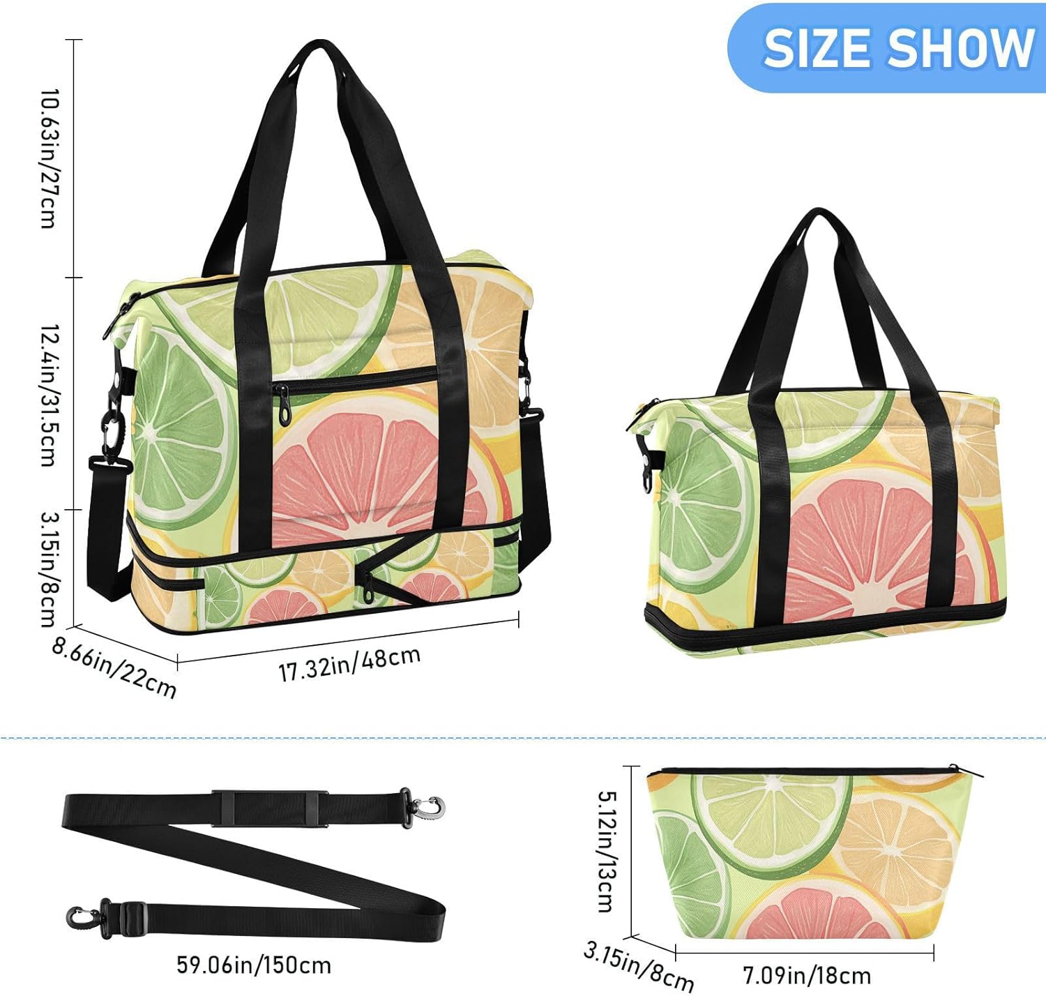 Green Lemon Fruit Travel Tote Bag Carry on Bag with Toiletry Bag for Gym Foldable