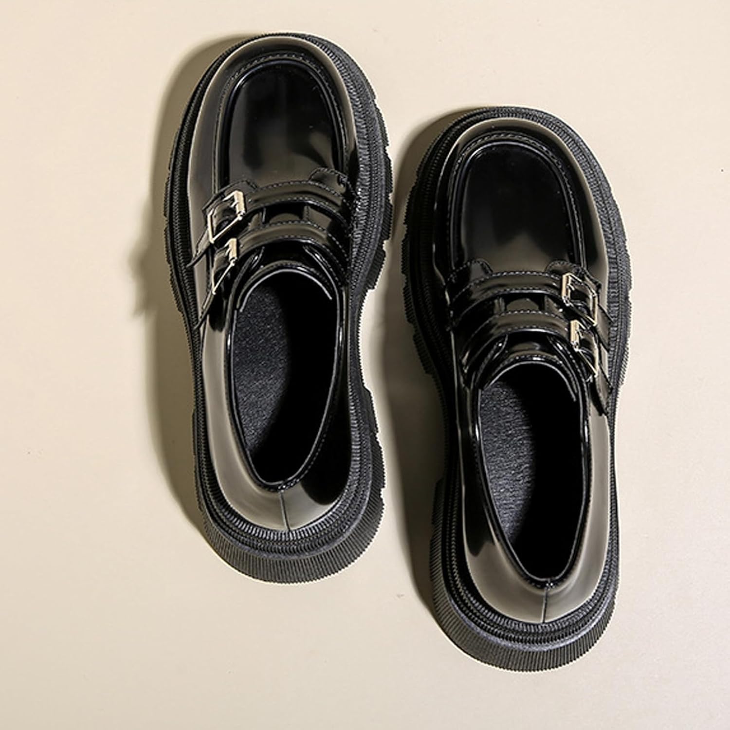 Women's Adjustable Double Buckle Platform Loafers,Classic Chunky Heel Lug Sole Loafers Comfort Round Toe Slip-on Business Work Penny Shoes for Women - Image 4