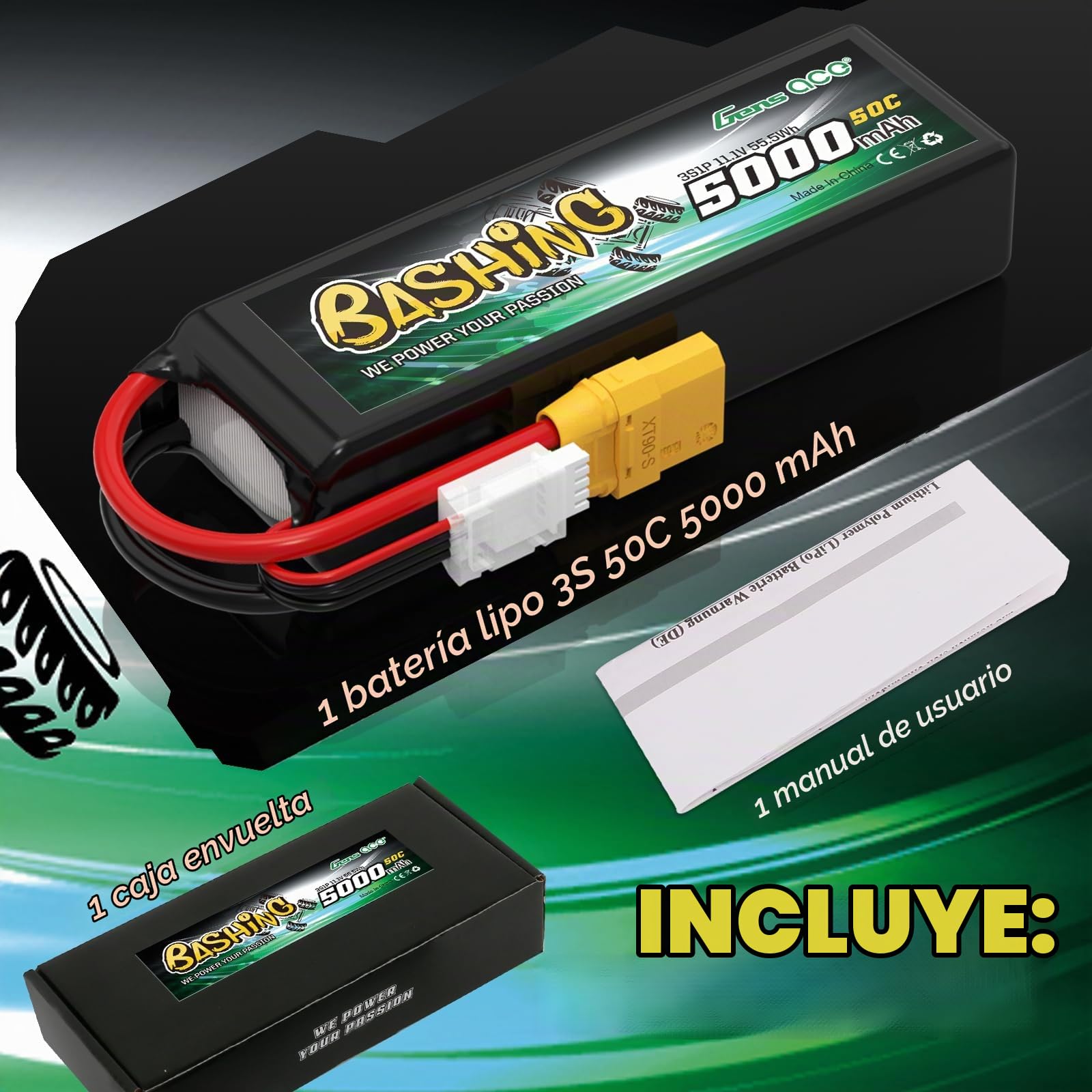 Gens ace 3S LiPo 5000mAh 11,1V 50C Batería con Conector XT90 para Helicópteros RC, Coches RC, Camiones, Barcos y vehículos RC a Escala 1/8 y 1/10