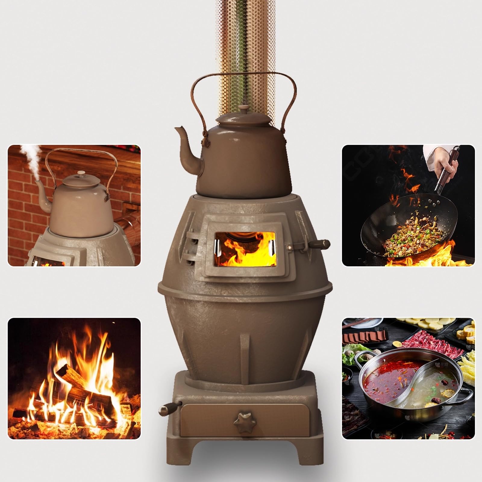 Stufa Multicombustibile Per Casa Per Riscaldare E Cucinare Con Coperchio Sigillato, Vetro Di Controllo & Cassetto Delle Ceneri, 2 Dimensioni Disponibili(300cm chimney,23 * 23 * 40cm)