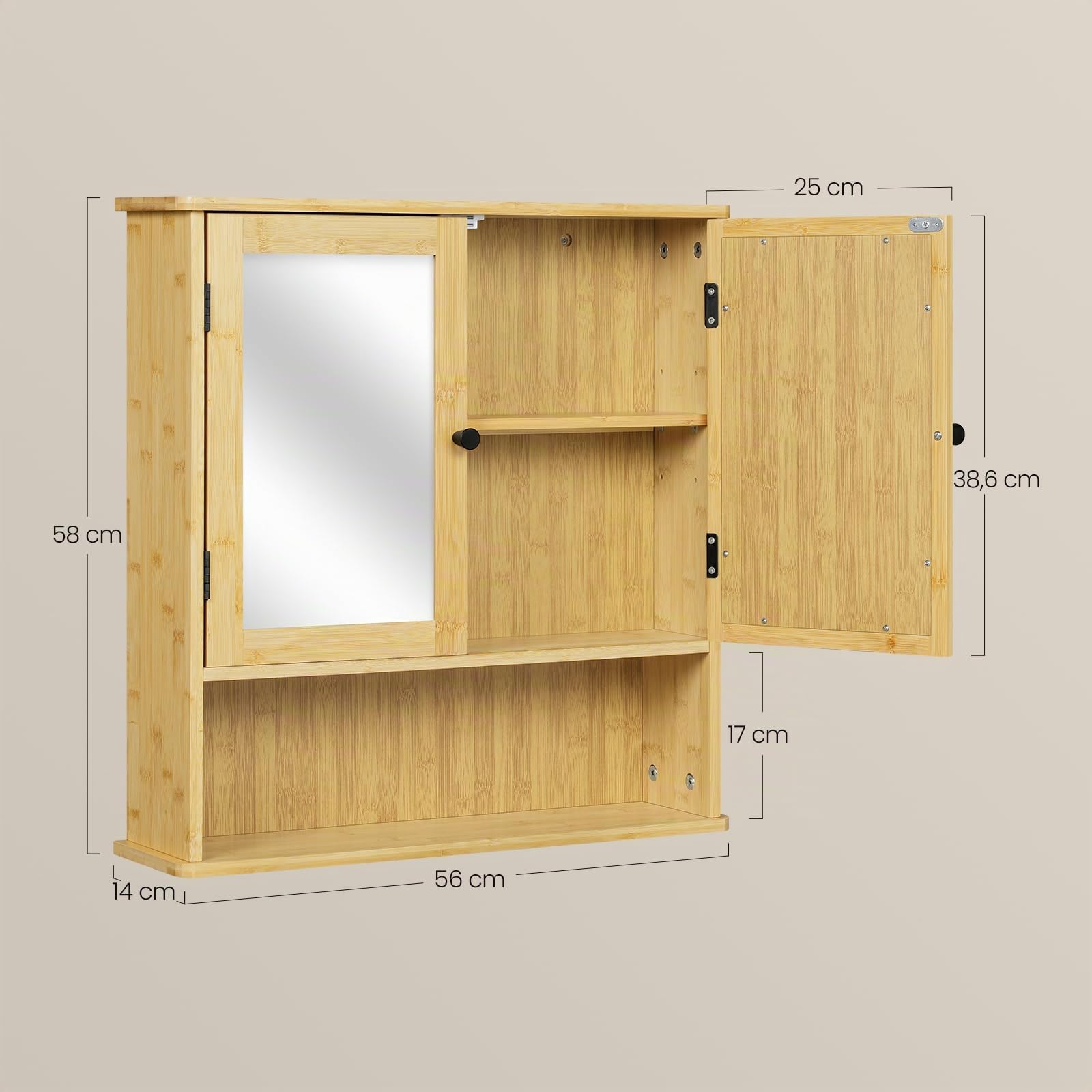EUGAD Armario Baño de Bambú, Armario Baño Pared con Puertas de Espejo, Mueble con 1 Estante Ajustable y 1 Compartimiento Abierto, Cocina y Dormitorio, 56x14x58 cm