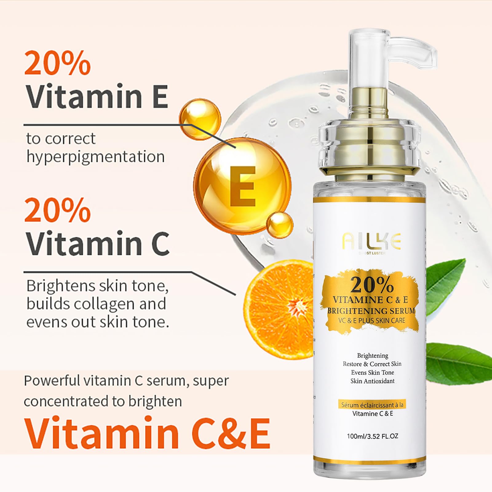 AILKE Witamina C & E super rozjaśniające skoncentrowane serum, wybielające, nawilżające, oczyszczające skórę, redukuje ciemne plamy, z niacynamidem, gliceryną, do twarzy, ciała, 100 ml (3 sztuki)