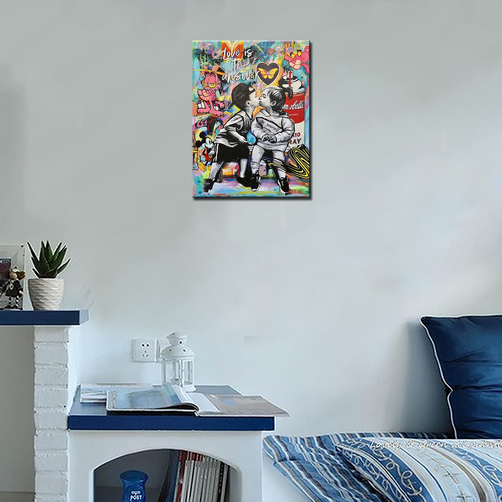 Tucocoo Banksy Street Art Canvas Wall Decor Love is The Answer Graffiti Paintings Little Boy and Girl Kiss Pictures Modern Artwork Home Decor for Living Room Framed Ready to Hang 12x16inch x1Piece - Image 4
