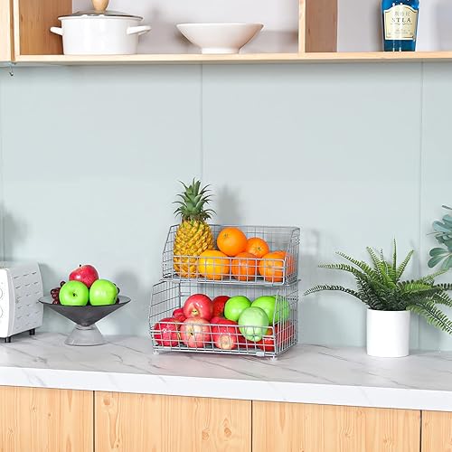 Vista 4 de 2-Tier Fruit Vegetable Basket Wall-mounted Wire Storage Baskets Detachable Stackable Countertop Bin Kitchen Organizer Pantry for Snack Canned Foods