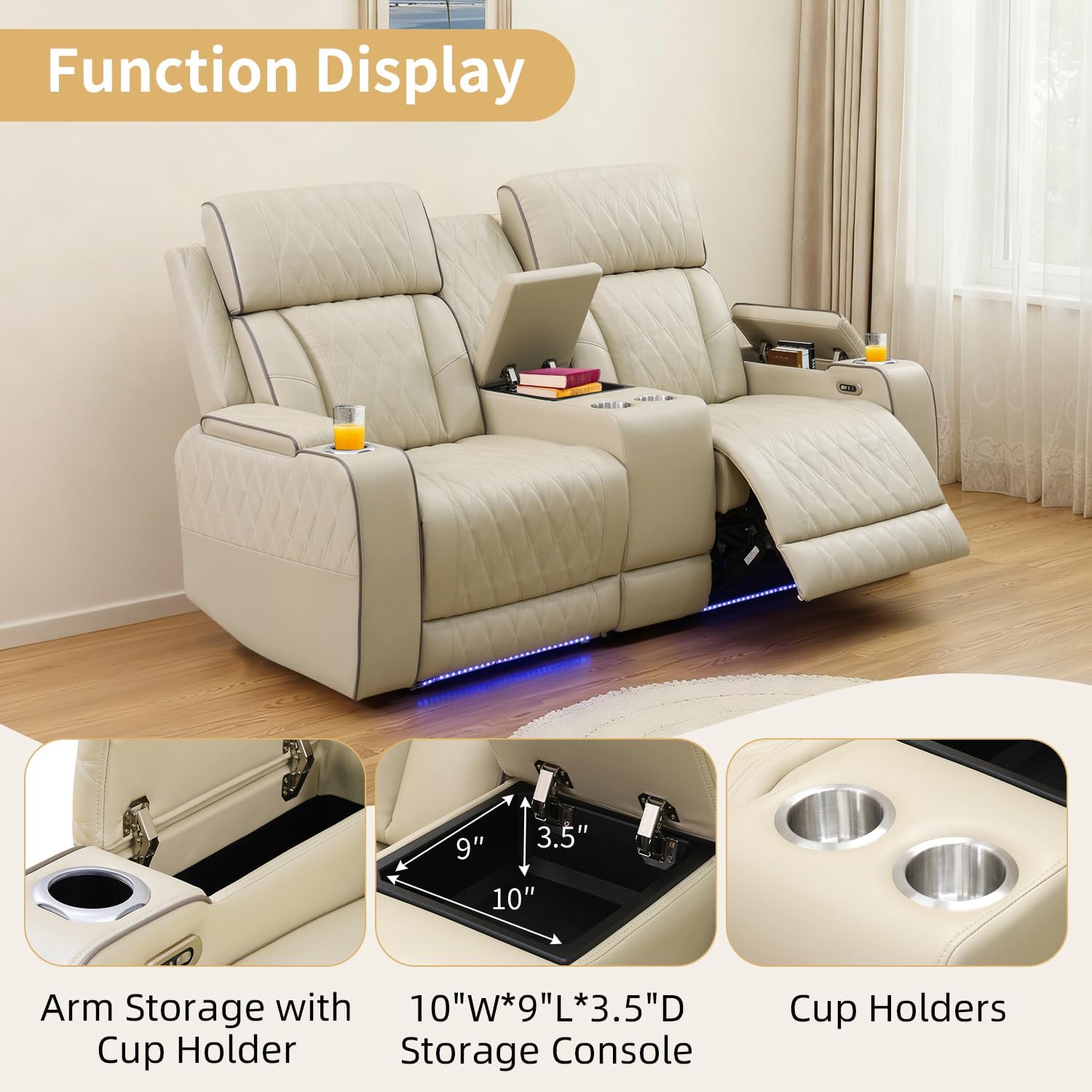 Power Recliner Sofa with LED Lights,Leather Reclining Loveseat with Double Recliner/USB Port/Storage Console/Cup Holder for House/Home Theater(2 Seater Loveseat,Paddy)
