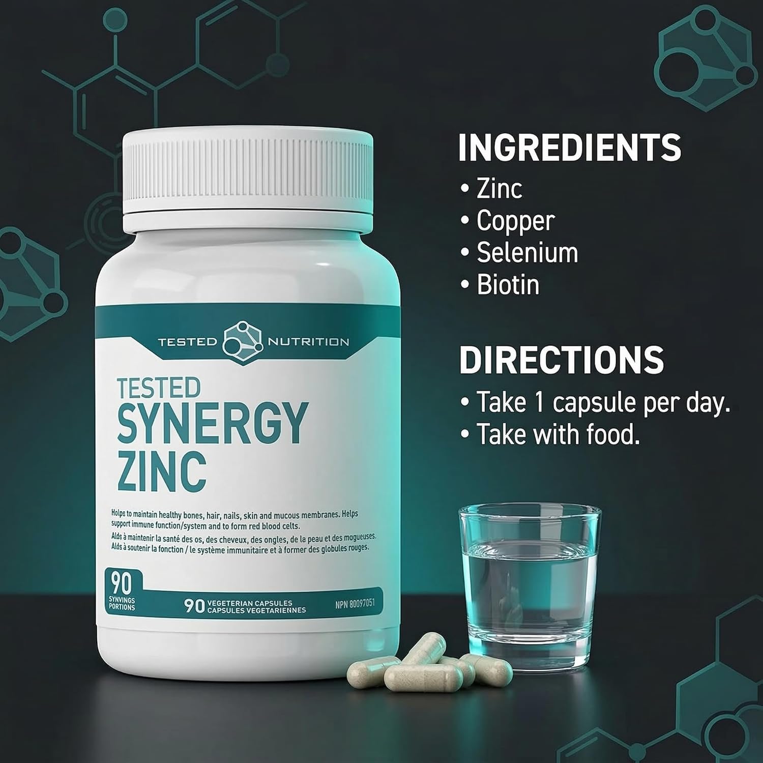 Synergy Zinc Capsules | Bioavailable Zinc, Copper, Selenium & Biotin | Improved Recovery, Immune Support, Maintenance of Bones, Hair, Nails, Skin | 90 Servings (90 Capsules)