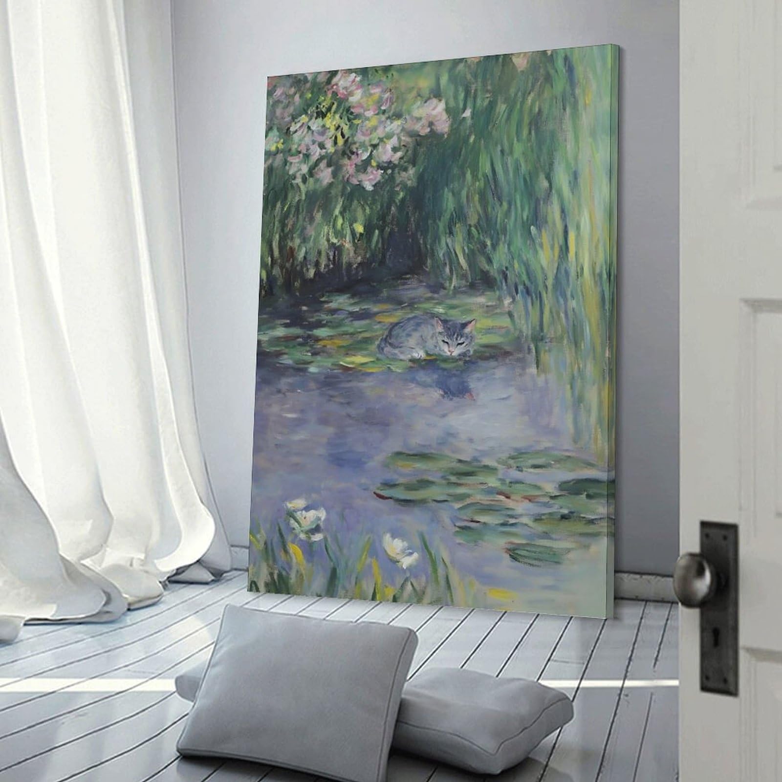 Junmoney Frame-Style-4 Canvas Wall Picture Cat In The Waterlilies Pond, 24X36inch(60X90cm), For Office, Study Or Home Workspace, Canvas Wall Decor For Creative Rooms