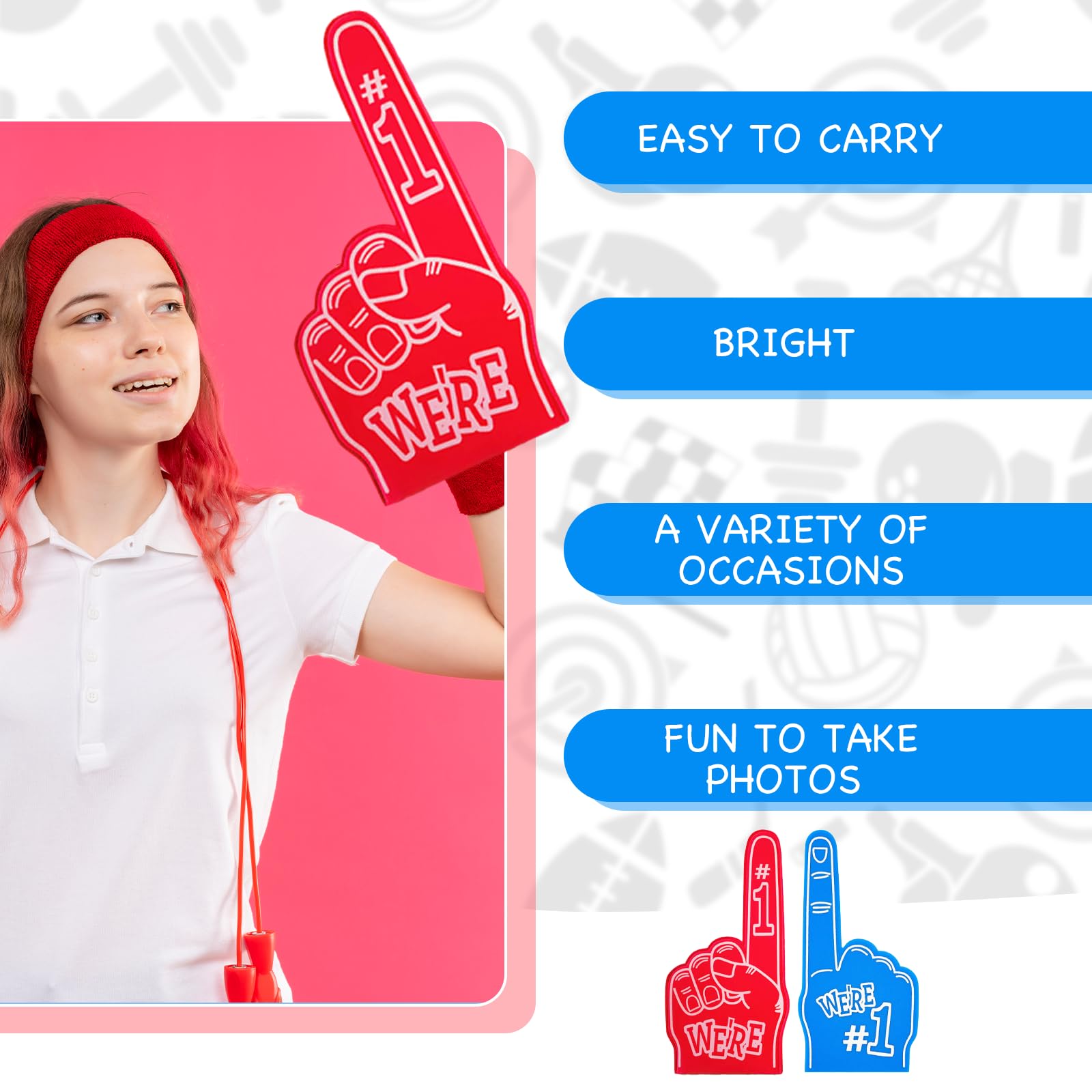 Bettinay 2 PCS Gladiators Foam Finger Blue and Red, Number 1 Giant Foam Hands for Party Props Sports Fan Accessories - Image 3