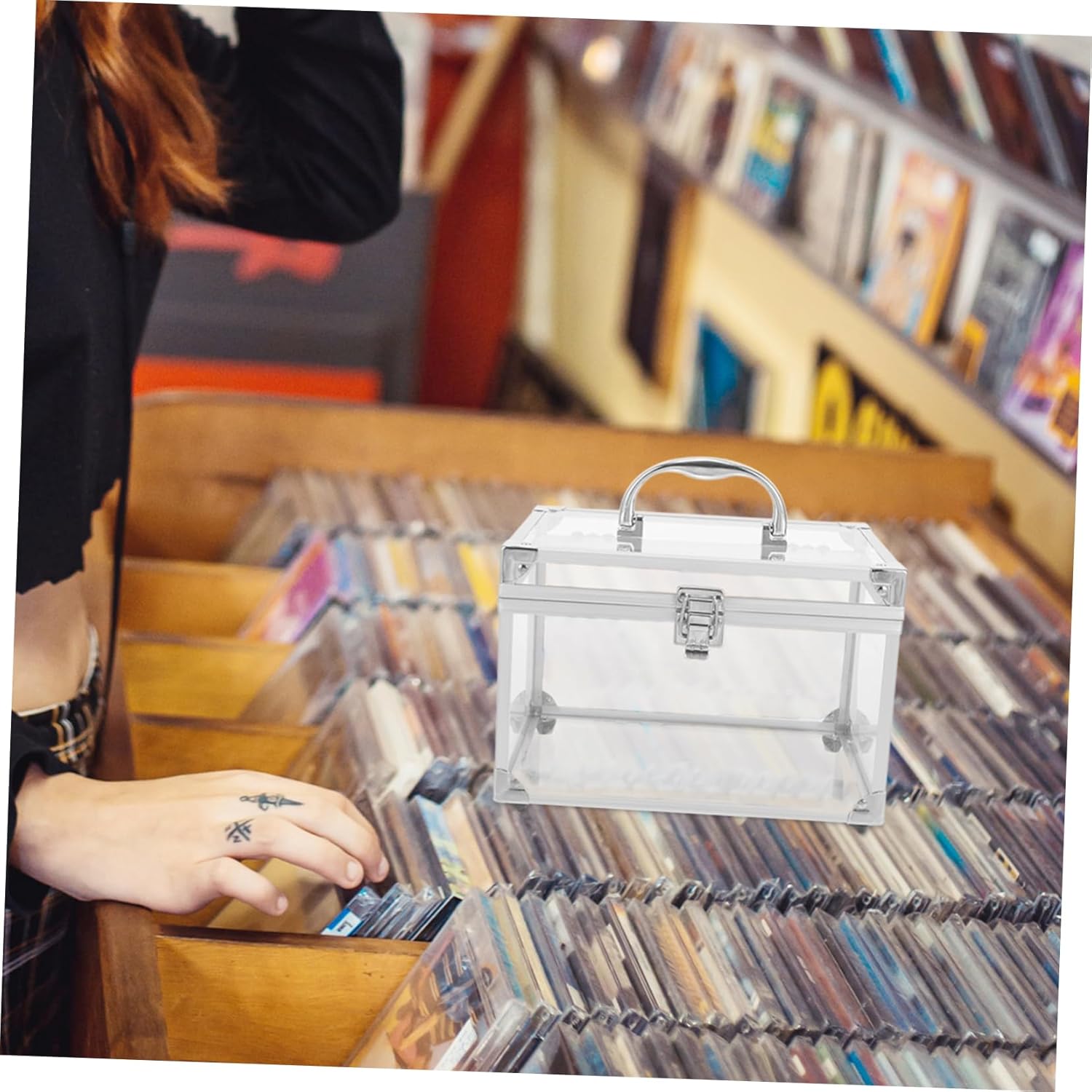 NUOBESTY CD Storage Box with Handle Capacity Portable Organizer for DVDs Albums and Discs Stylish Design for Home Office and Travel Use