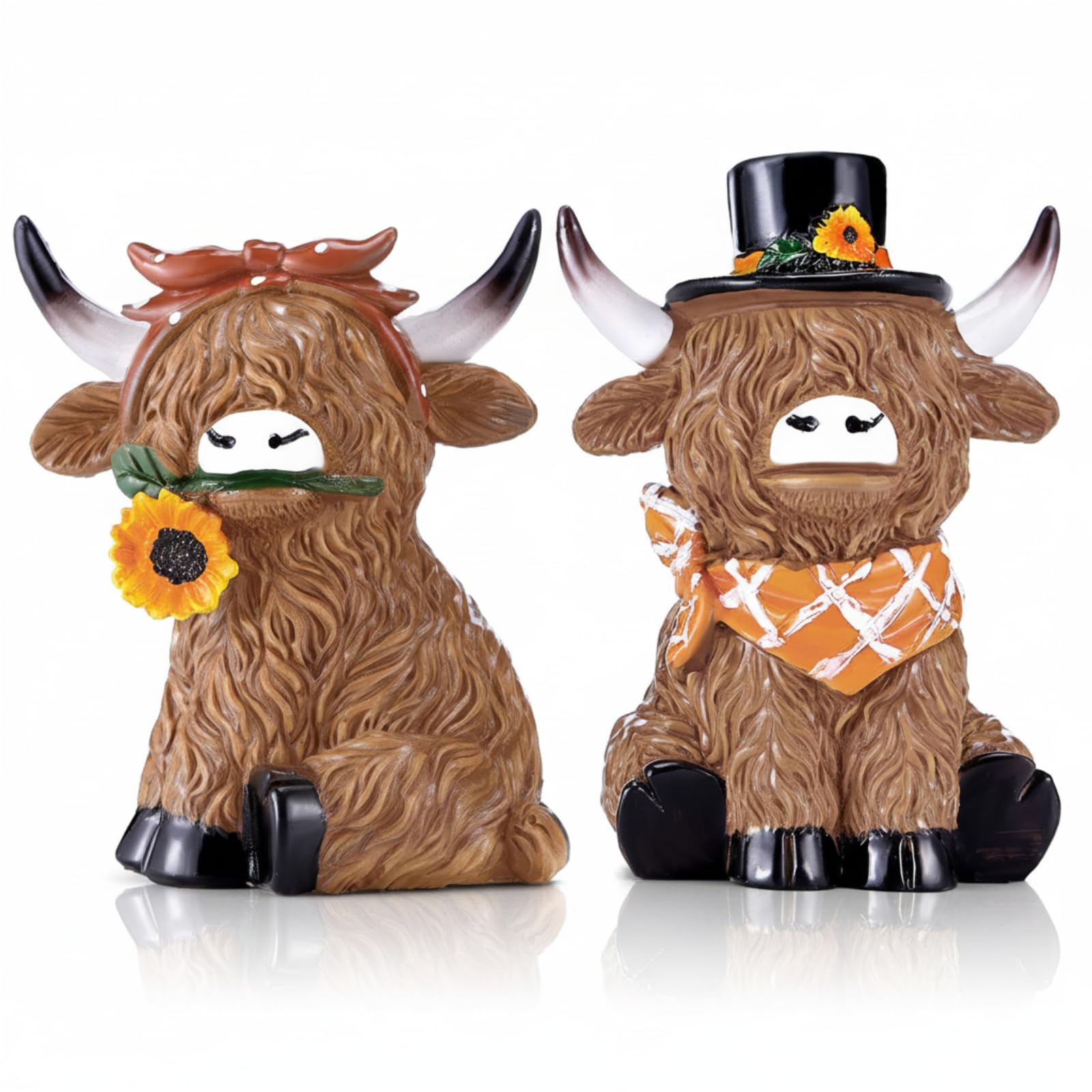Simgoing 2 Pack Highland Cow Figurines Sunflower Highland Cow Gnomes Statues Decoration for Home Farmhouse Tabletop Centerpieces Calf Lovers Gifts for