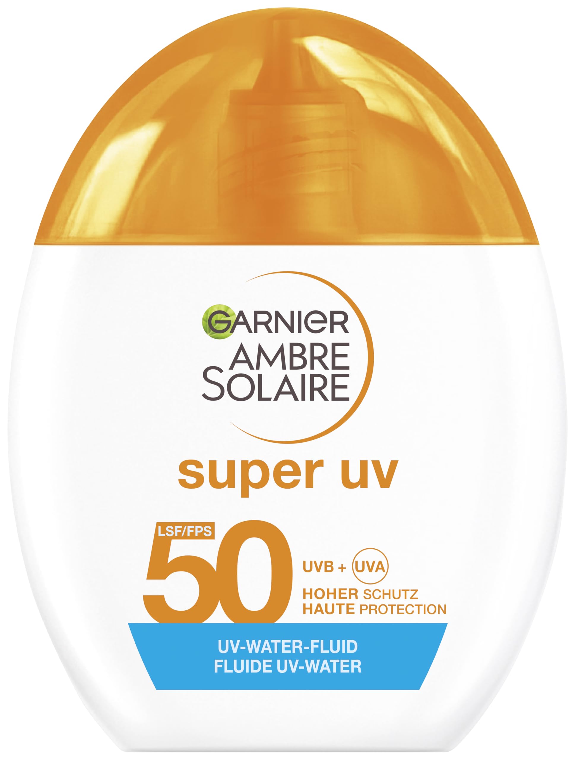 Garnier Ambre Solaire Super UV UV-Water-Fluid LSF 50 – Erfrischende Sonnencreme für das Gesicht – 12h Frische & Dry-Touch Effekt – Zieht schnell ein, unsichtbares Finish & nicht fettend – 40ml