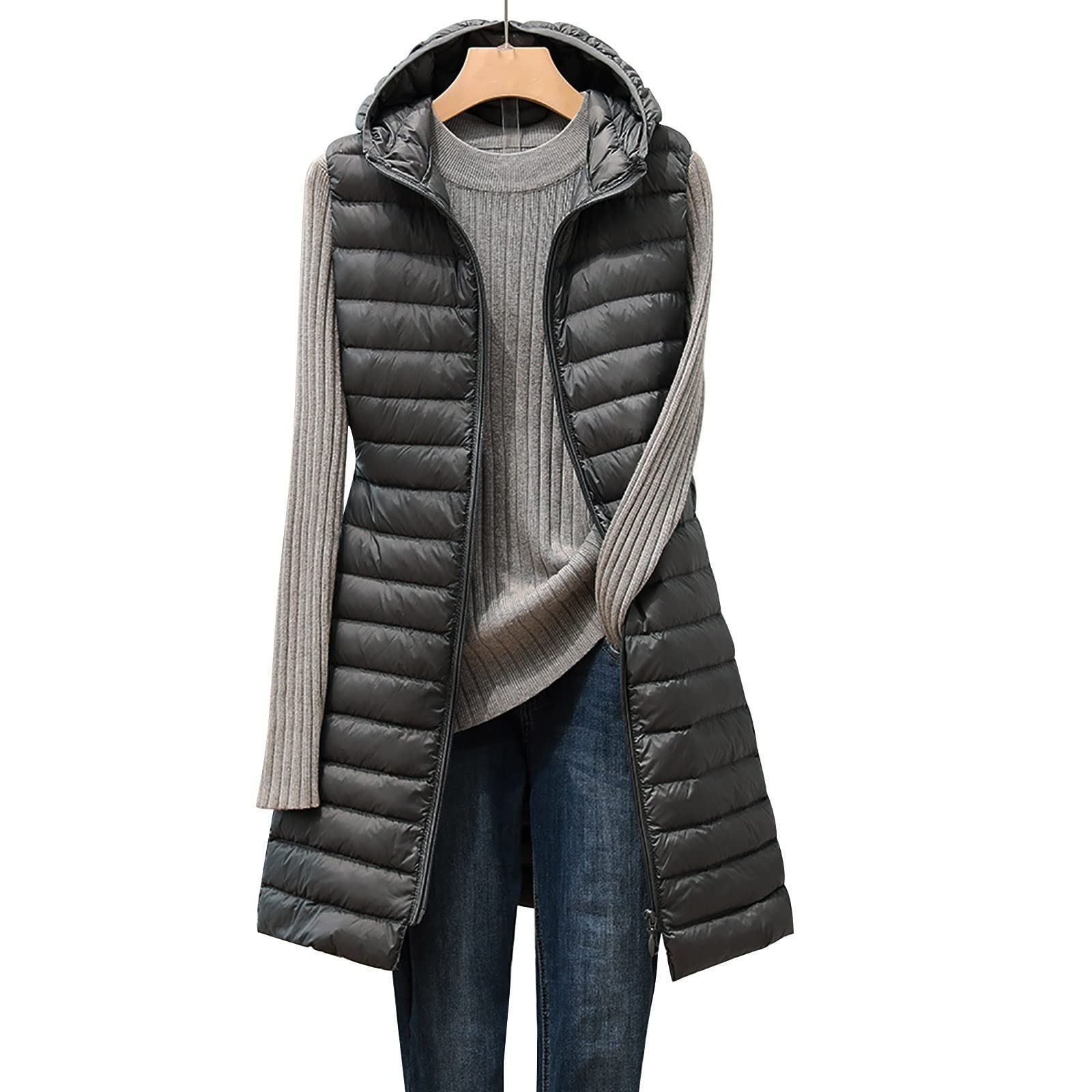 DeaAmyGline Steppweste Damen Lang Ultra Leicht Daunenweste Komprimierbar Paket Ärmellose Warm Lange Weste Mantel Jacke Parka mit Kapuze Steppjacke Wintermantel Daunenmantel Jacken