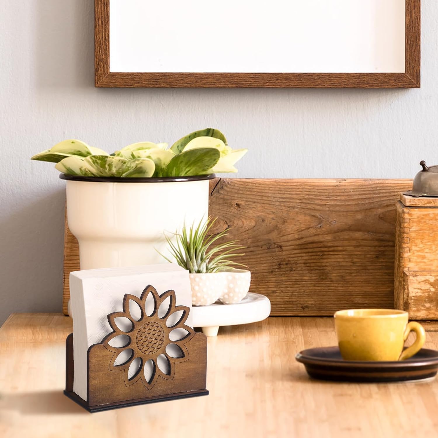 Beeveer 2 Pcs Wooden Sunflower Napkin Holder Cocktail Farmhouse Rustic