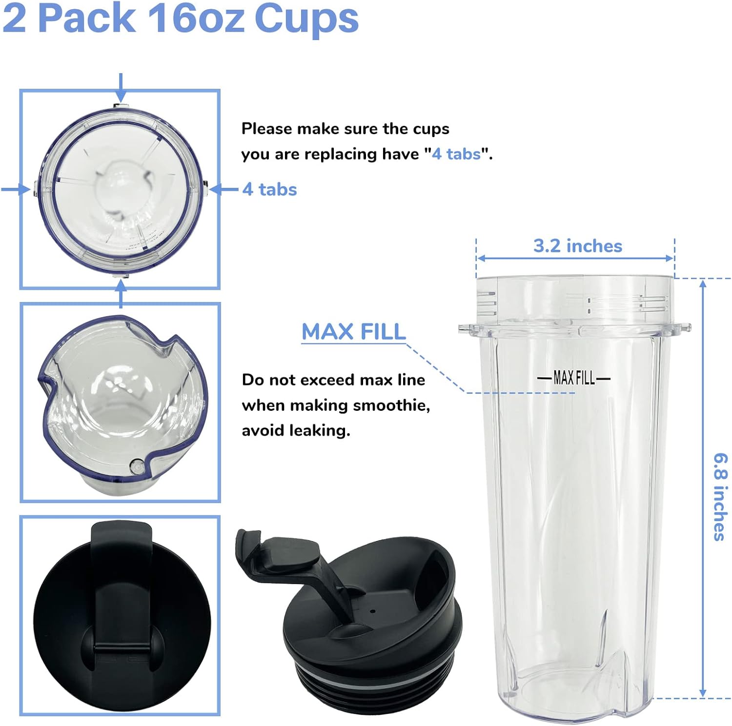 Blender 5-Fins Blade & 2 16oz Single Serve Cups with Lids Replacement Parts for Ninja, Base Extractor Blade for Nutri Ninja Blender 700 Watts QB3000, QB3000SS, QB3000SSW, QB3001SS 30, QB3004, QB3005
