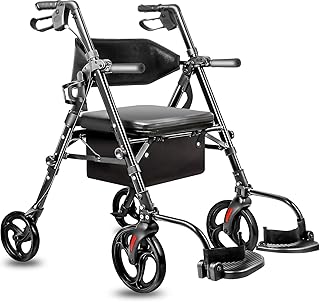 Foldable 2-in-1 Rollator Walker and Wheelchair Combo for Seniors with Seat, Heavy Duty Transport