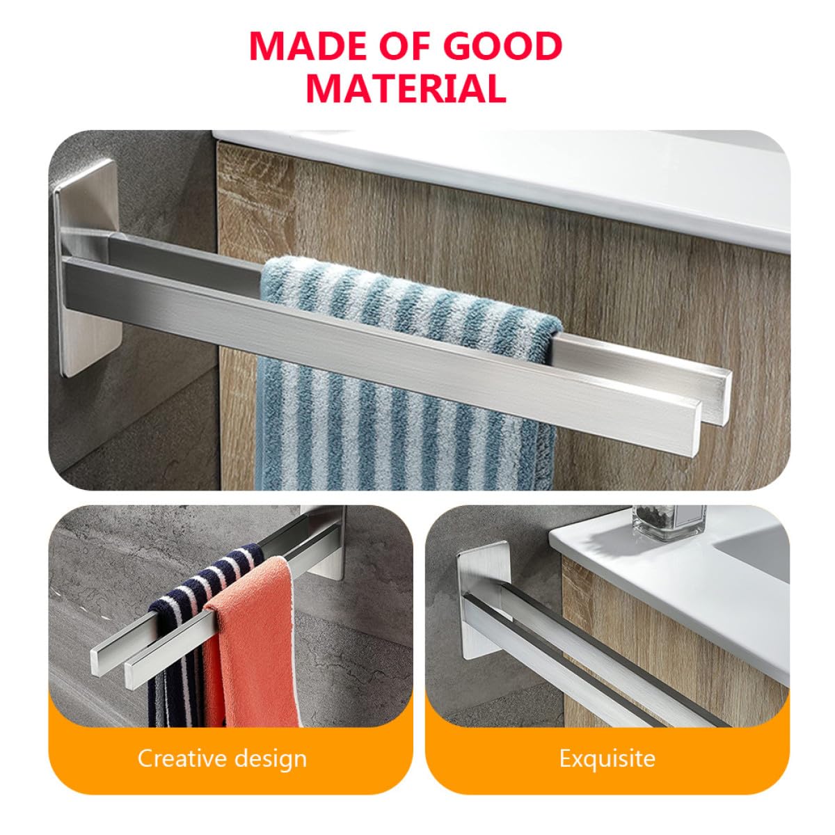 TIDTALEO Mensola Portasciugamani da Bagno in Acciaio Inox 304 senza Fori Portasciugamani Doppio Palo 39 CM Installazione Adesiva per Cucina e Bagno