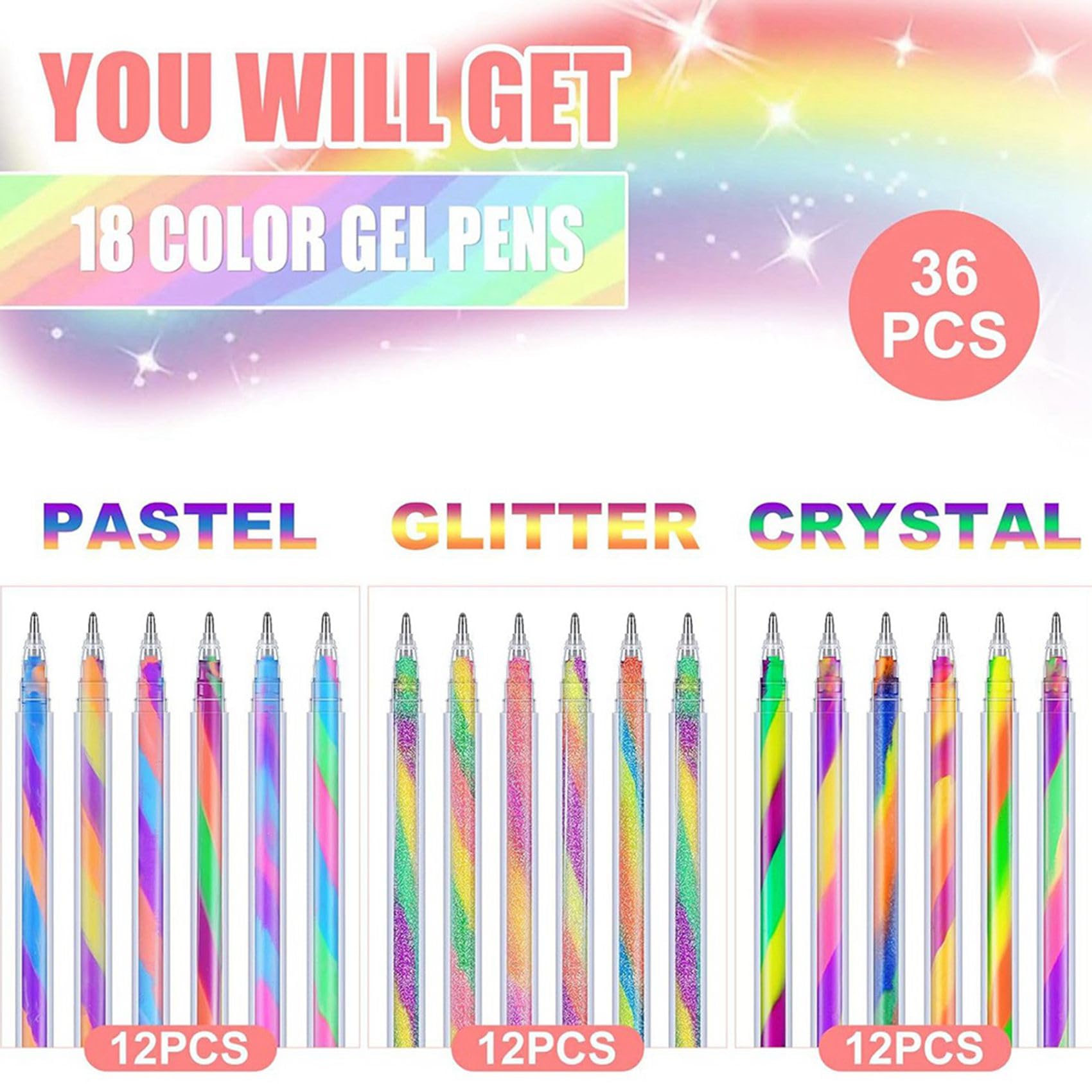 72 Stylos à Gel Arc-En-Ciel à Changement de Couleur, Stylos à Gel à Paillettes, Stylos Arc-En-Ciel pour Livre de Coloriage pour Adultes