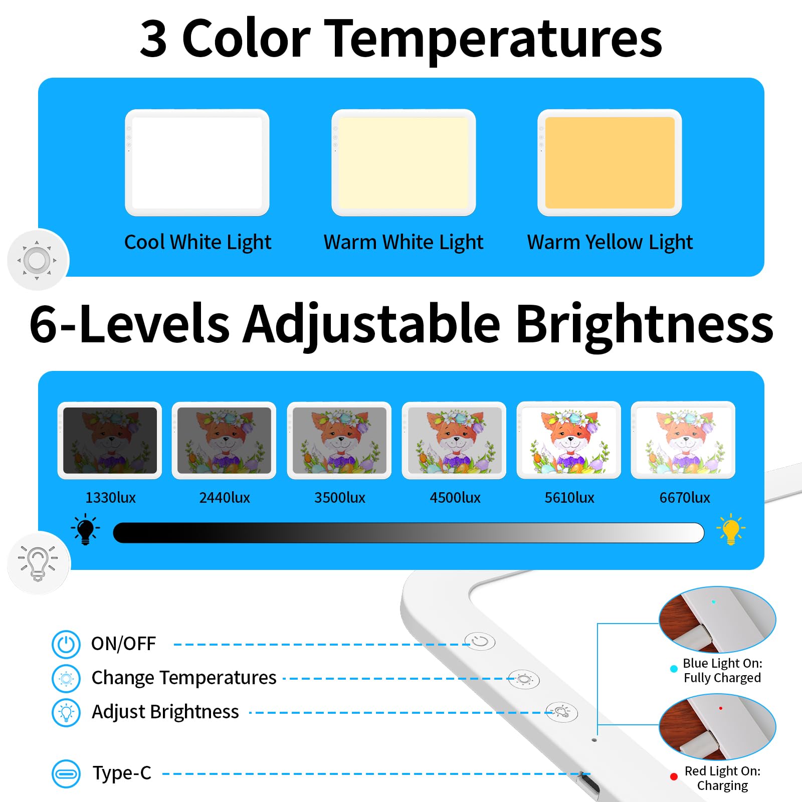 TOHETO A3 wiederaufladbares LED-Licht-Pad, superhell, angetrieben durch 3500 mAh Lithium-Batterie für Jäten, Vinyl, tragbare kabellose Leuchttafel/Box zum Nachzeichnen, Diamantmalen, Skizzieren und