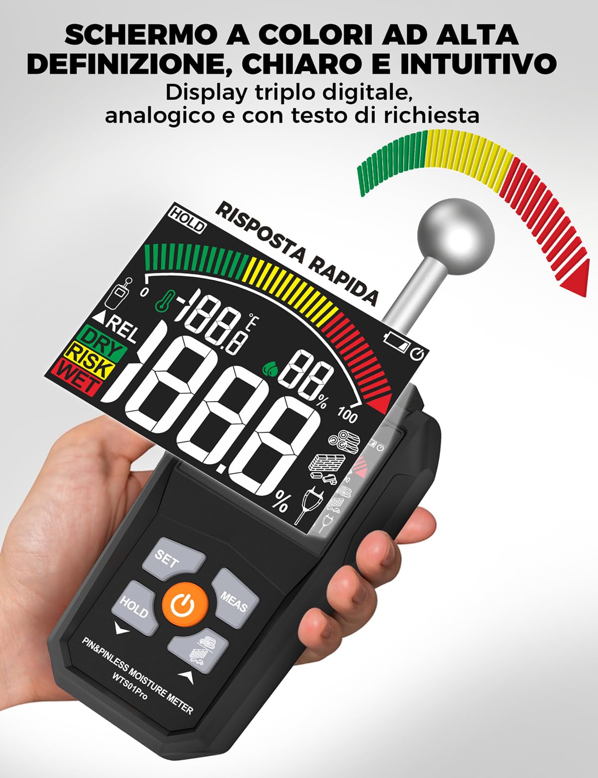 2 In 1 Igrometro Professionale Sonda Sfera&Sensore Pin, Misuratore Umidità Muri di livello Industriale, Igrometro Umidità Casa,20-40mm per Legno, Muratura, Pareti, Parquet