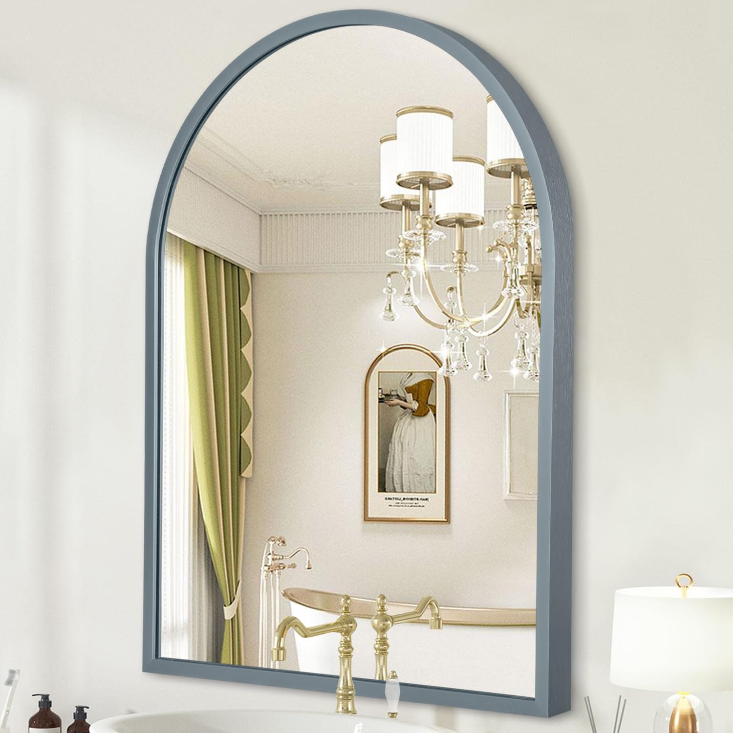 Hlfmvwe Grey Wall Mirror Arched Bathroom Mirrors Aluminum Alloy Frame Contemporary Hanging Vanity Mirror For Living Room Bedroom Entryway Vanity, Brushed Metal Framed Wall Mounted Mirror Gray