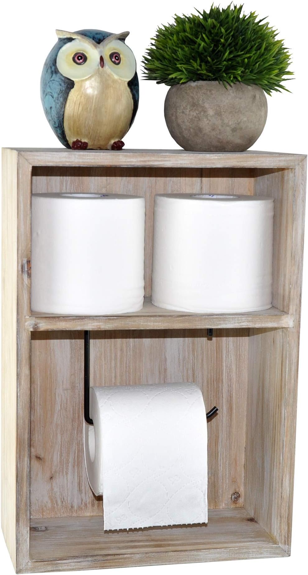Spiretro Wall Mount Toilet Paper Holder, Decorative Tissue Paper Roll Dispenser Floating Shelf, Recessed Cubby Box Bracket Cabinet, Storage, Reserve, Organize for Bathroom, Rustic Torch Wood- Grey