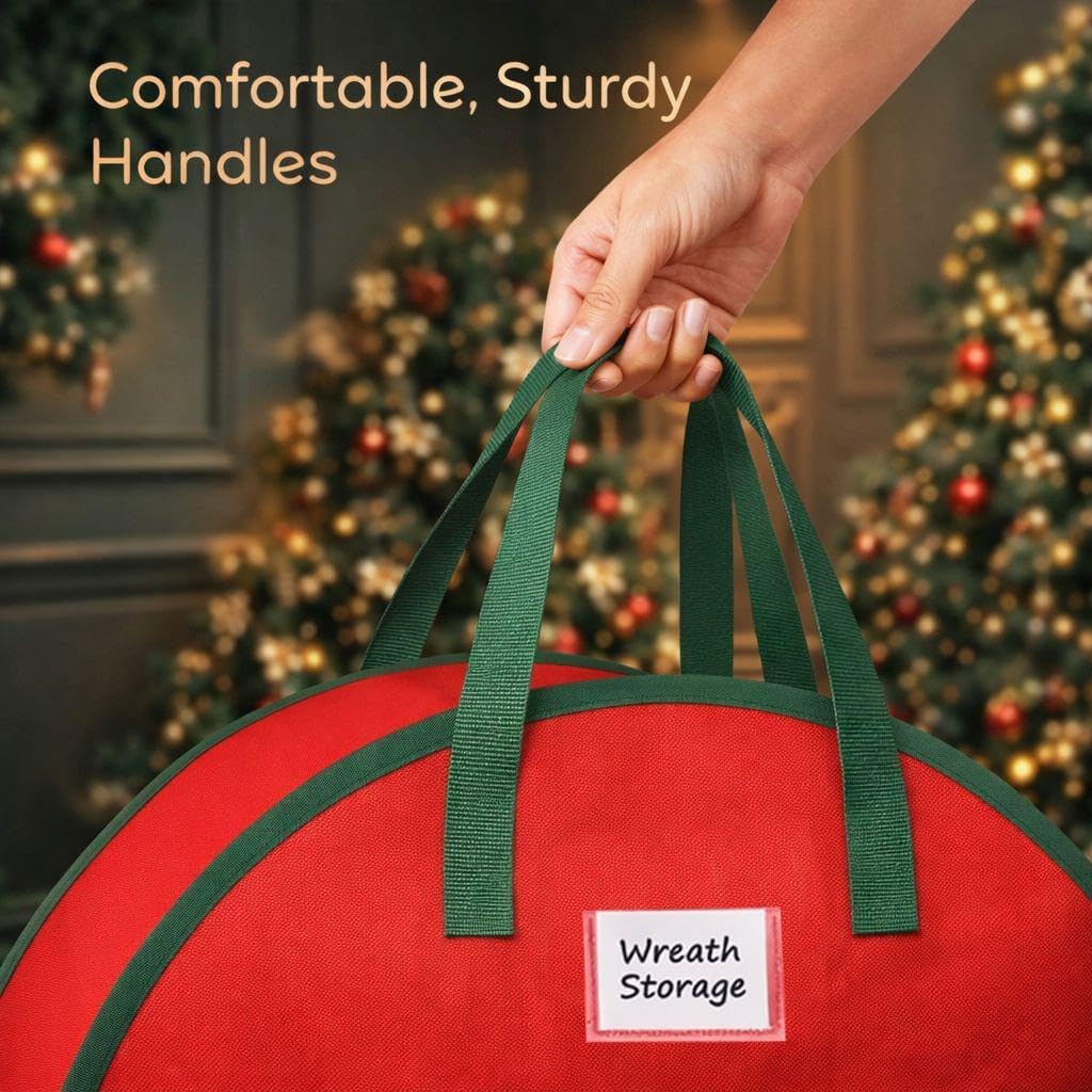 2-Pack Wreath Storage Bags, Red Holiday Organizers for Christmas Wreaths, Protects & Saves Space, Durable Fabric with Handles, Seasonal Decor Storage (Red)