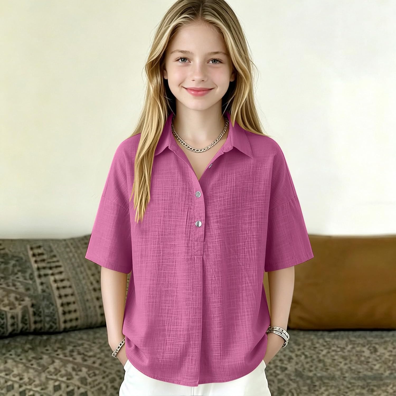 Girls Short Sleeve Shirts Button Down Collared Casual Soft Cotton Loose Fit School Everyday Kids Daily Wear Basic Outfit