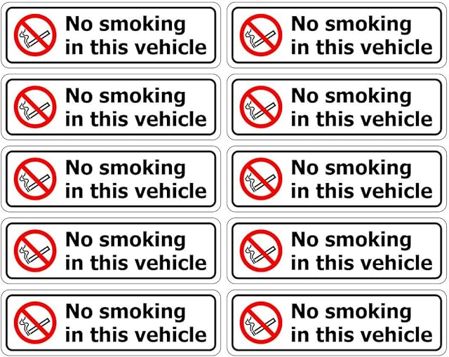 Set of 10 No Smoking Sign No Smoking in This Vehicle Sticker 100mm x 30mm self Adhesive Vinyl Perfect for Public Transport Such as Taxis Buses etc