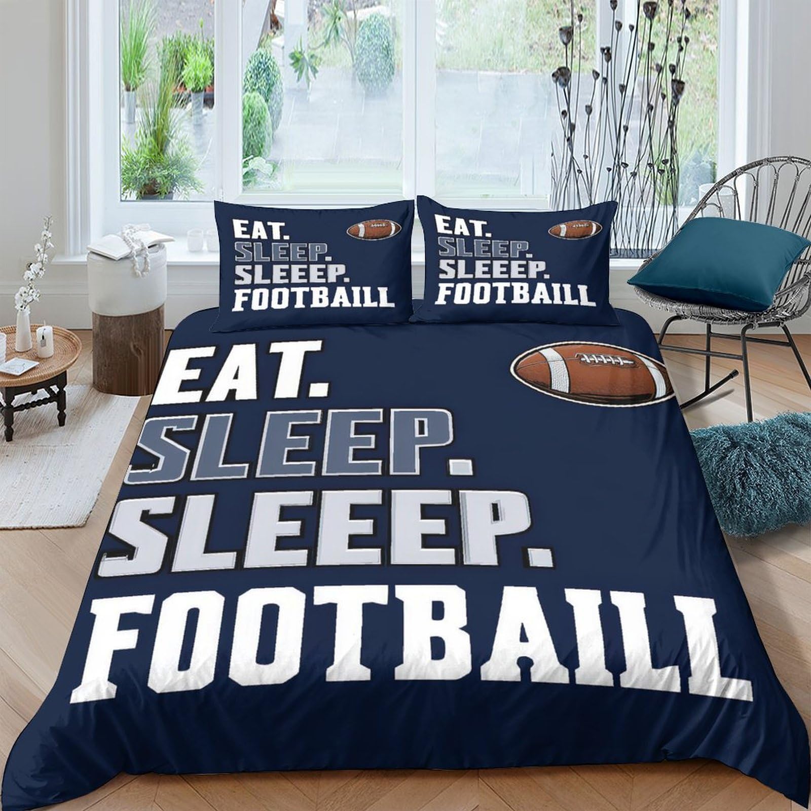 Ctjqhvkz Style-1 3D Printed Football Game Fitted Sheet Microfiber Blue Eat Sleep Football Bed Cover For Bedroom Dorm Mattress Decor Single（135X200cm）