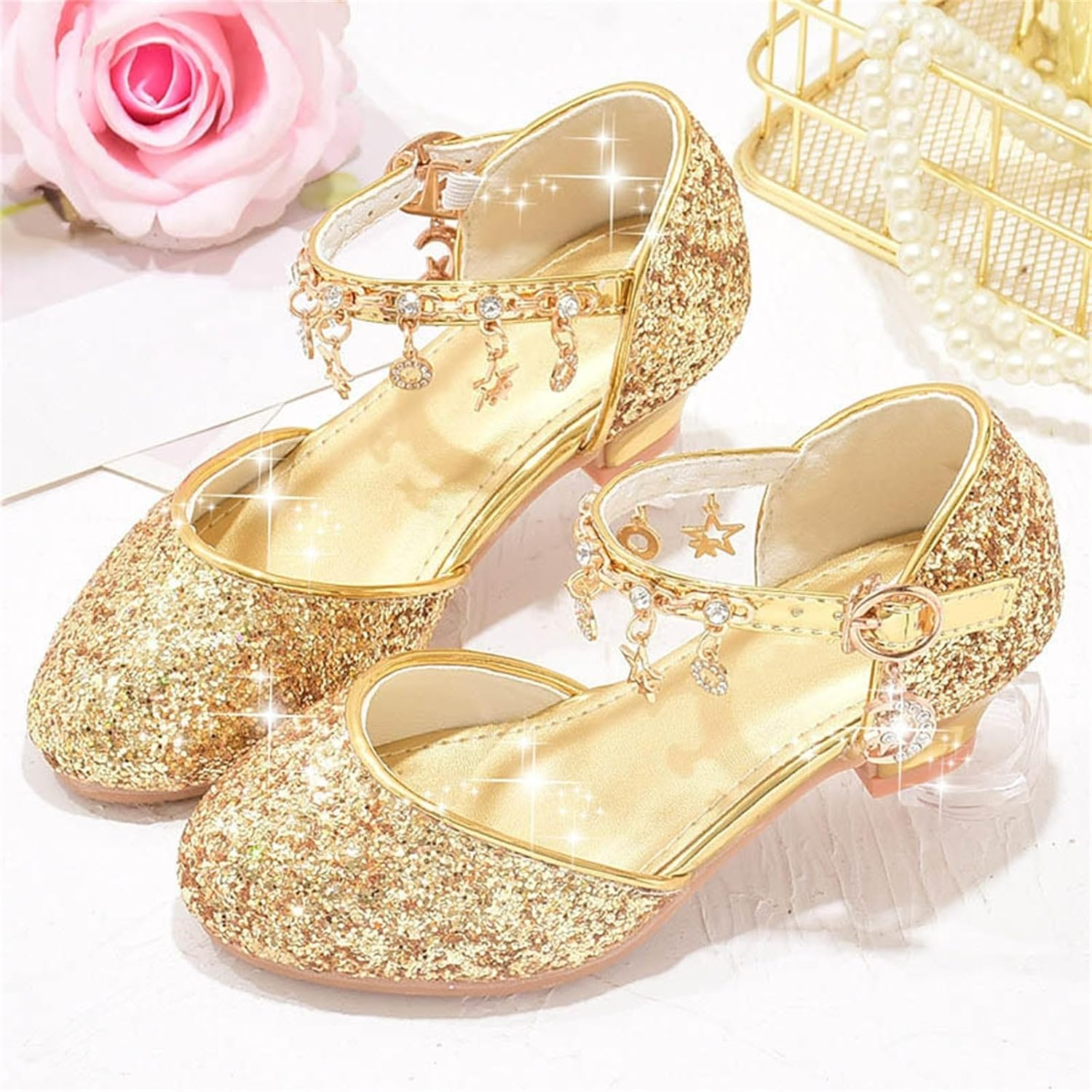 Girls Sandals Summer Glitter Dress Shoes Sparkly Princess Shoes with Adjustable Strap Kids Low Heels for Party Wedding