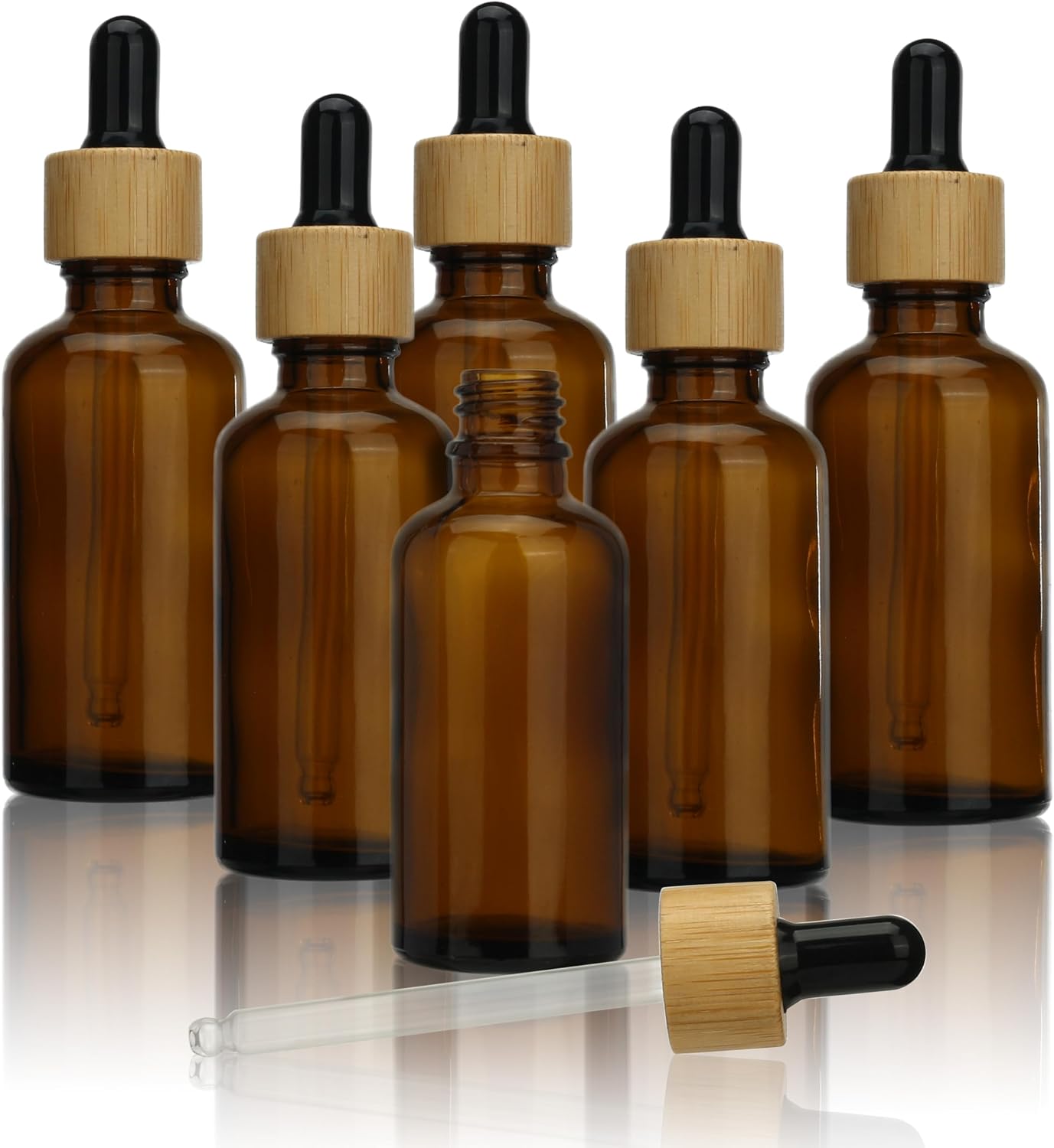 COSIDEA 6pcs Empty Round 50ml 1.67oz amber Glass oil dropper bottle for Serum essence oil bottles with bamboo cap (Black tip)