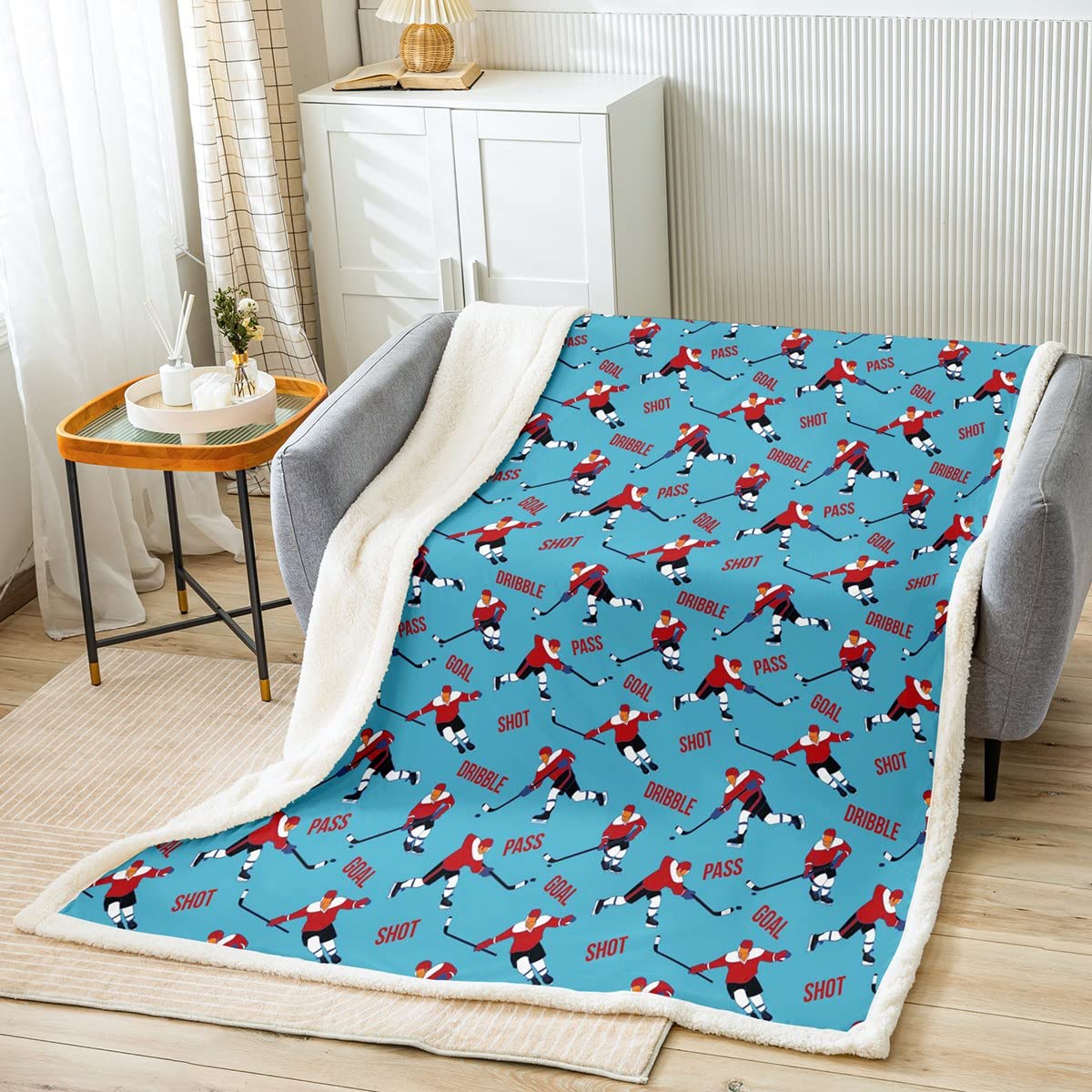 Loussiesd Ice Hockey Plush Blanket Hockey Player Fleece Throw Blanket Hockey Punk Sherpa Blanket for Bed Sofa Microfiber Hockey Stadium Winter Sports Event Blue Warm Fuzzy Blanket Single 50x60 Inch