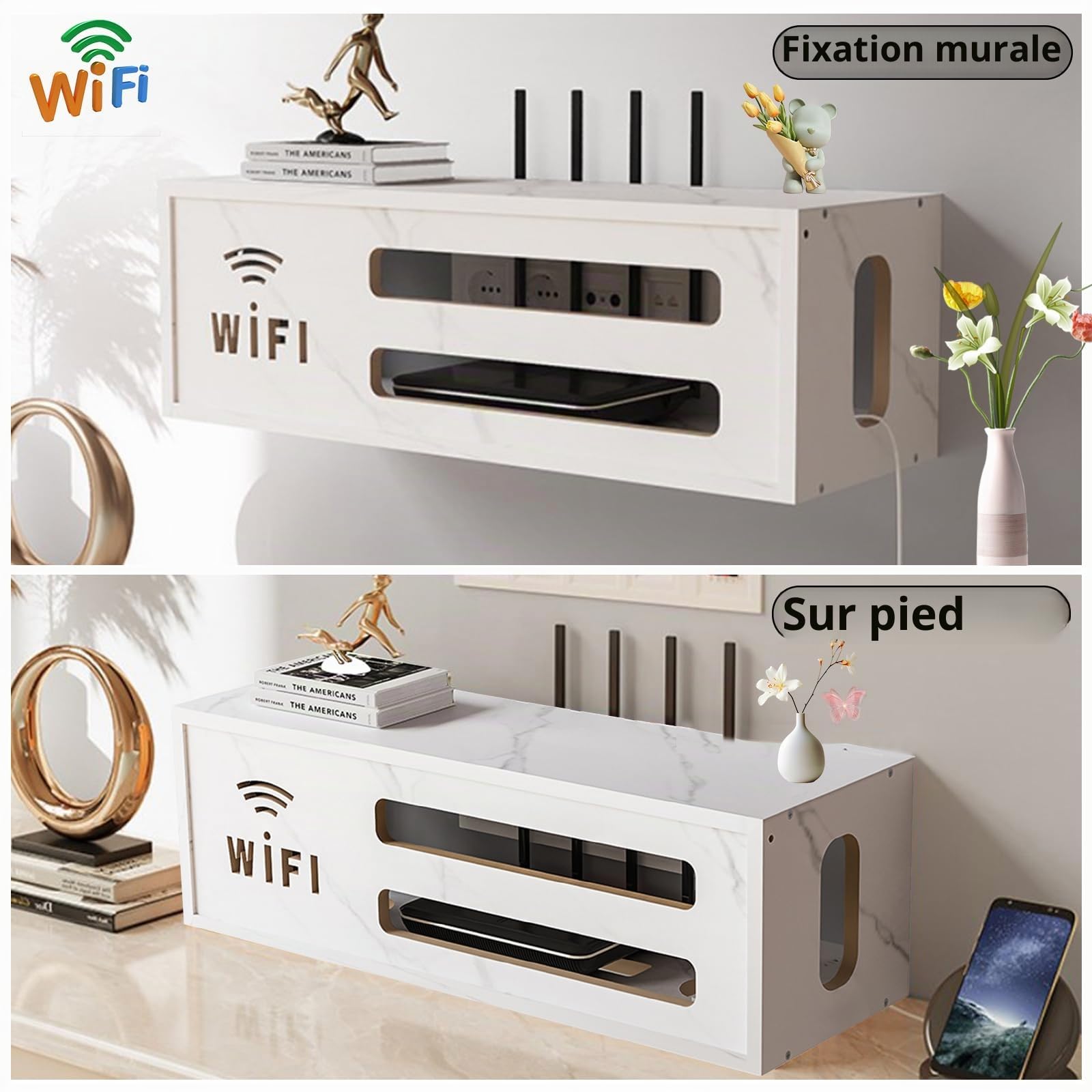 Boîte de Rangement pour routeur WiFi, Étagère de Routeur Murales, Box Internet, Support de Stockage WiFi en Bois, TV Décodeur Boîte de Rangement Murale(White)