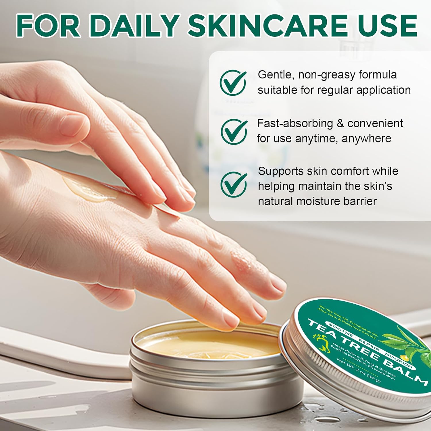 Tea Tree Oil Balm for Skin – 2 OZ/60g Natural Foot & Body Cream with Eucalyptus & Aloe Vera – Soothes Dry, Rough, and Itchy Skin – Fast-Natural Formula, Absorbing & Non-Greasy
