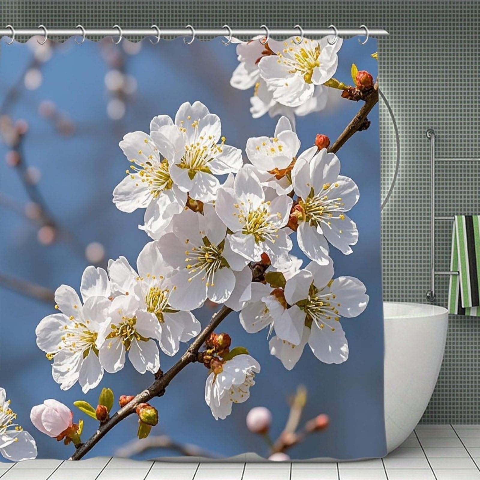 VstaDank Japanese Floral Cherry Blossom Shower Curtain Light-Weight Blackout Bathroom Curtain Washable Shower Liner 71x71 Inch Bath Curtain with Metal Holes Bathtub Bath Room