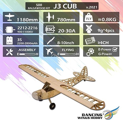 Miniatura 4 de Balsa Avión eléctrico de madera 1.2M Piper Cub J3 por DW Hobby avión de control remoto J3 de corte láser de madera para adultos modelo volador RC