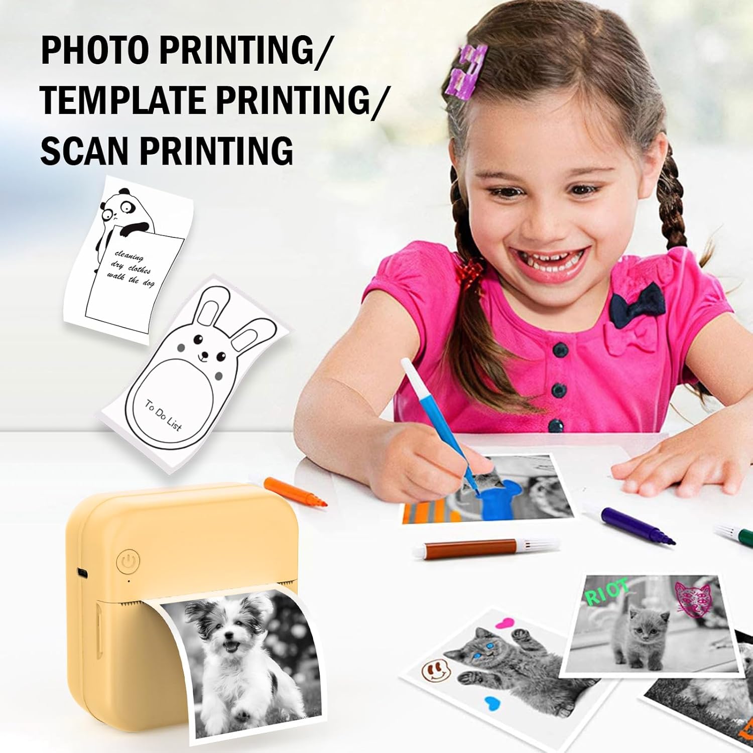 Mini Photo Printer - Portable Pocket Sticker Printers for iPhone Thermal Printer with 10 Rolls Thermal Paper for Photo, Memo, Journal - Yellow