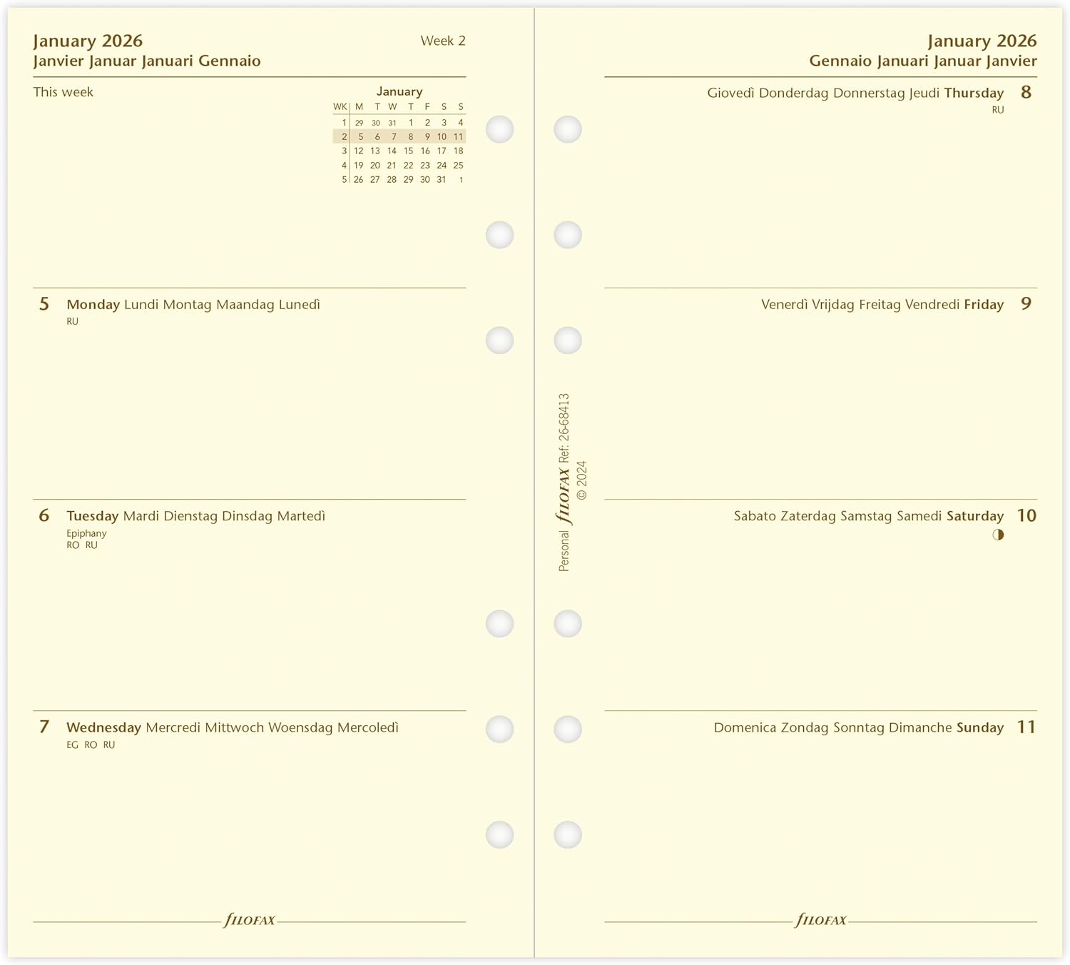 Filofax Personal week on two pages cotton cream 5 Language 2026 diary 26-68413