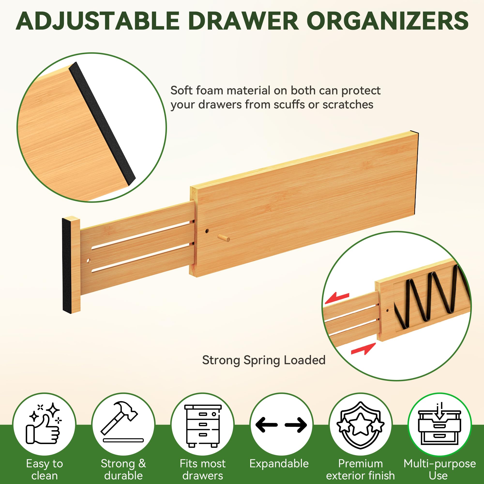 Schubladenteiler aus Bambus, 11,8 cm hoch, verstellbar von 43,2 cm bis 55,9 cm, Schubladen-Organizer, erweiterbare Schubladentrenner aus Holz für Kleidung, Schlafzimmer, Kommode, Büro, 6 Stück (Beige)